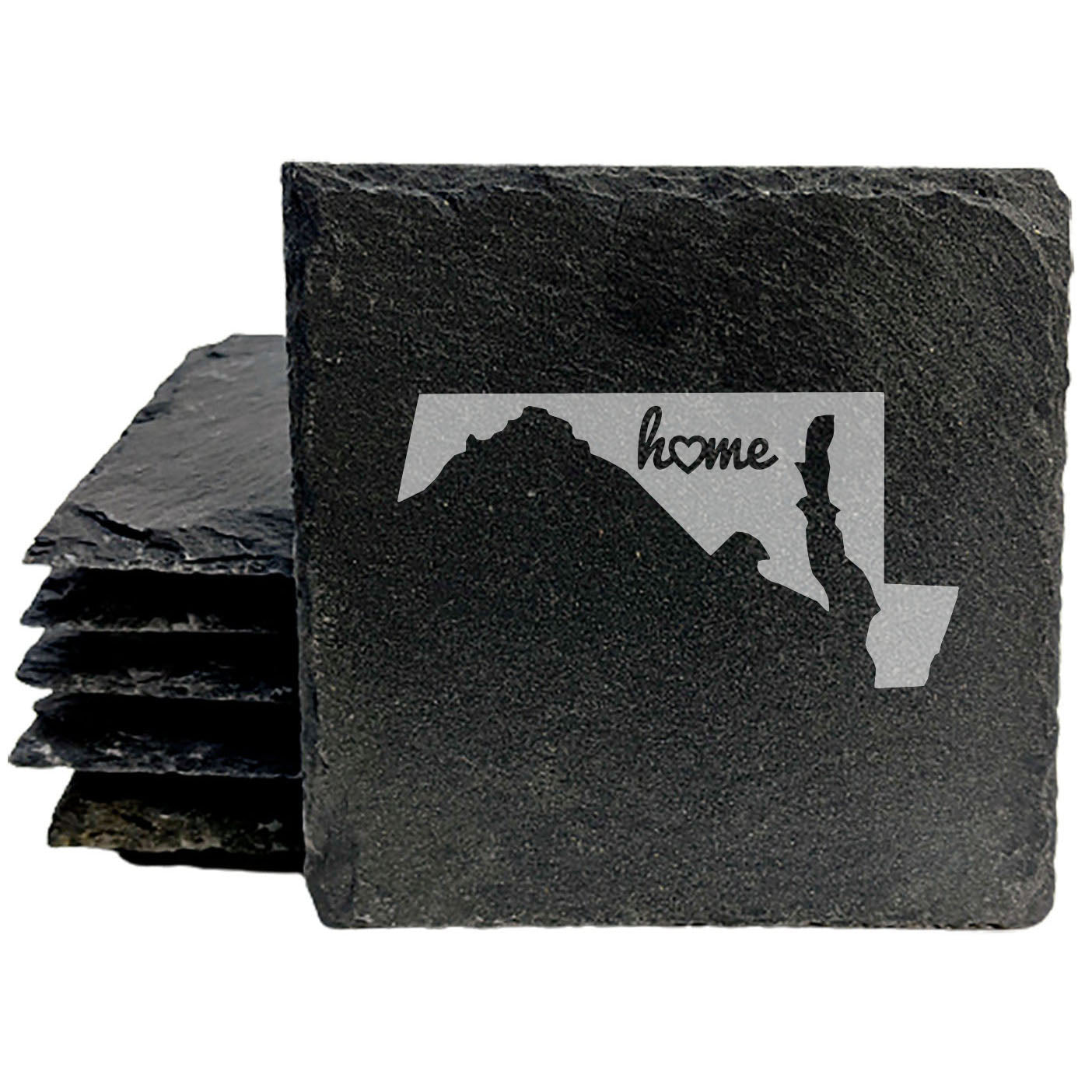 Rustic Slate Coasters Set of 4, Round 4" with Maryland 'Home' Heart Design, Perfect for Holidays, Birthdays, Housewarming Gifts, She-Shed or Man Cave, Made in Oregon, USA, Natural Chipped Edge