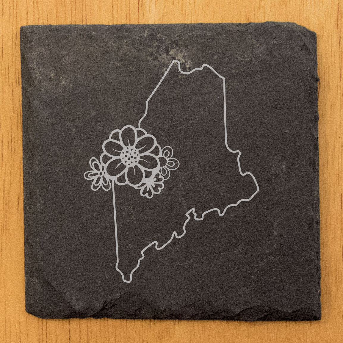 Rustic Slate Coasters Set of 4 - Maine Outline Design with Flower, 4" Round/Square, Natural Chipped Edge, Rubber Feet, - Perfect for Holidays, Birthdays, Housewarming, She-Shed - Made in Oregon, USA