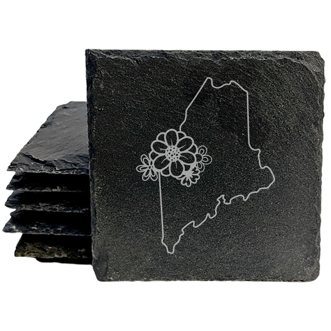 Rustic Slate Coasters Set of 4 - Maine Outline Design with Flower, 4" Round/Square, Natural Chipped Edge, Rubber Feet, - Perfect for Holidays, Birthdays, Housewarming, She-Shed - Made in Oregon, USA
