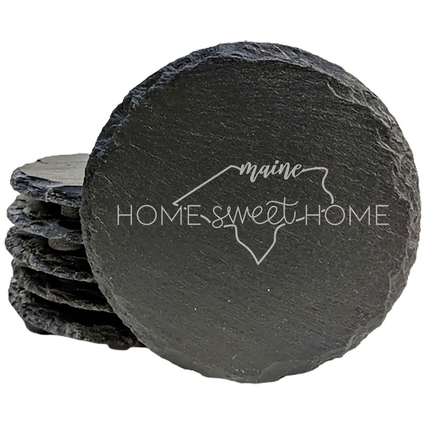 Rustic Slate Coasters Set of 4, Round 4" with 'Home Sweet Home' Maine Design, Perfect Gift for Holidays, Birthdays, Housewarming, She-Shed, Man Cave, Made in Oregon, USA, Natural Chipped Edge