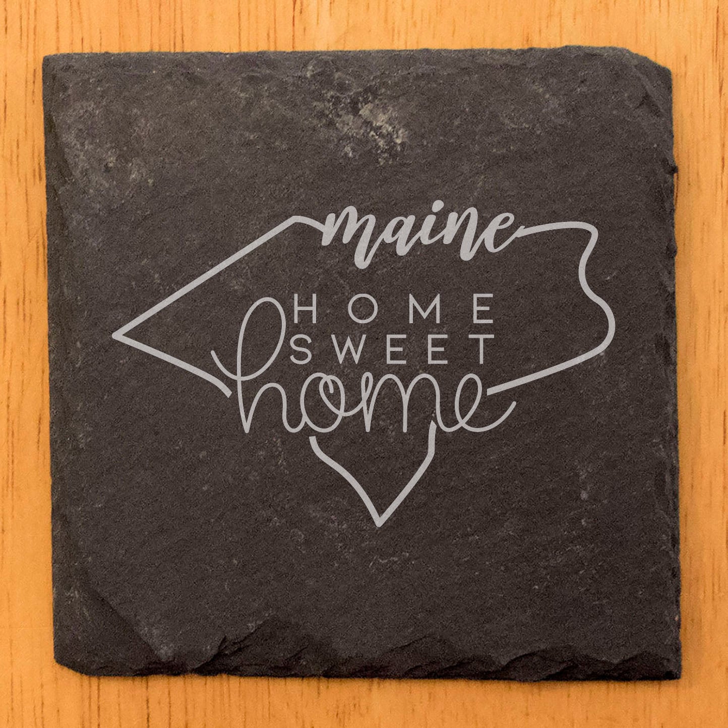 Rustic Slate Coasters Set of 4 - Laser Etched Maine Design, 'Home Sweet Home' - Perfect Gift for Holidays, Birthdays, Housewarming - 4" Round, Natural Chipped Edge, Made in Oregon, USA