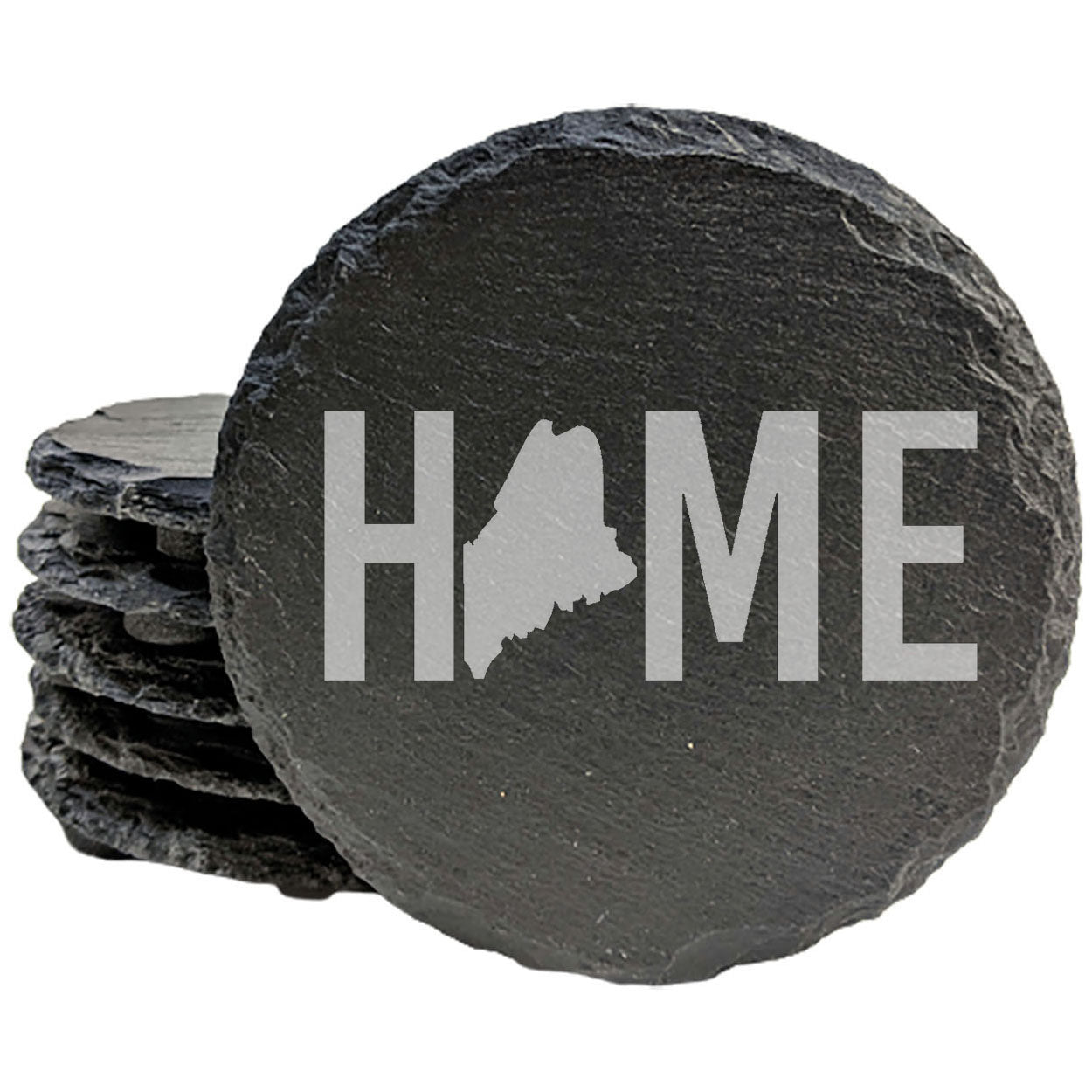 Rustic Slate Coasters Set of 4 - Laser Etched 'HOME' Design with Maine State - Perfect Gift for Holidays, Birthdays, Housewarming - Round 4" - Made in Oregon, USA - Natural Chipped Edge, Rubber Feet