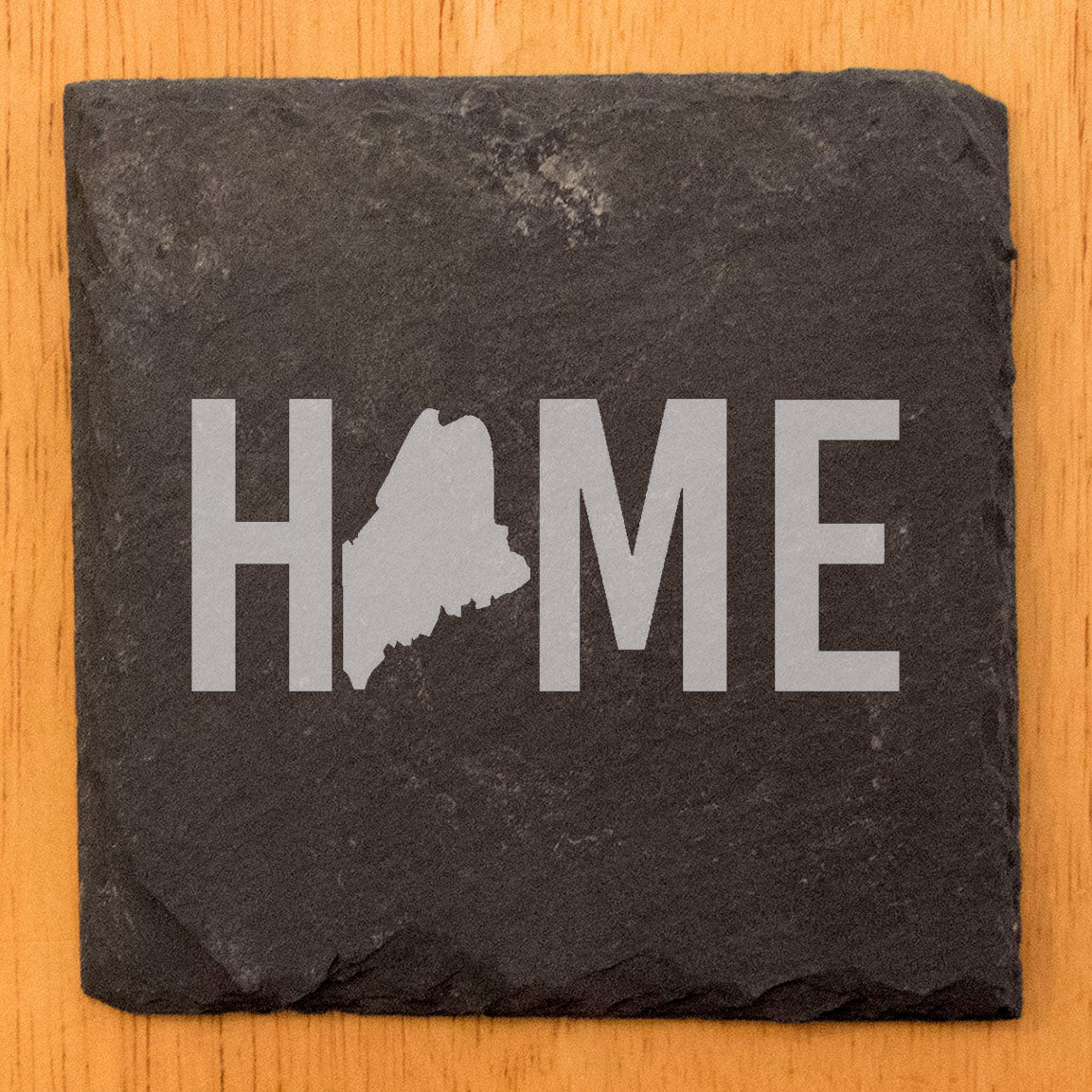 Rustic Slate Coasters Set of 4 - Laser Etched 'HOME' Design with Maine State - Perfect Gift for Holidays, Birthdays, Housewarming - Round 4" - Made in Oregon, USA - Natural Chipped Edge, Rubber Feet