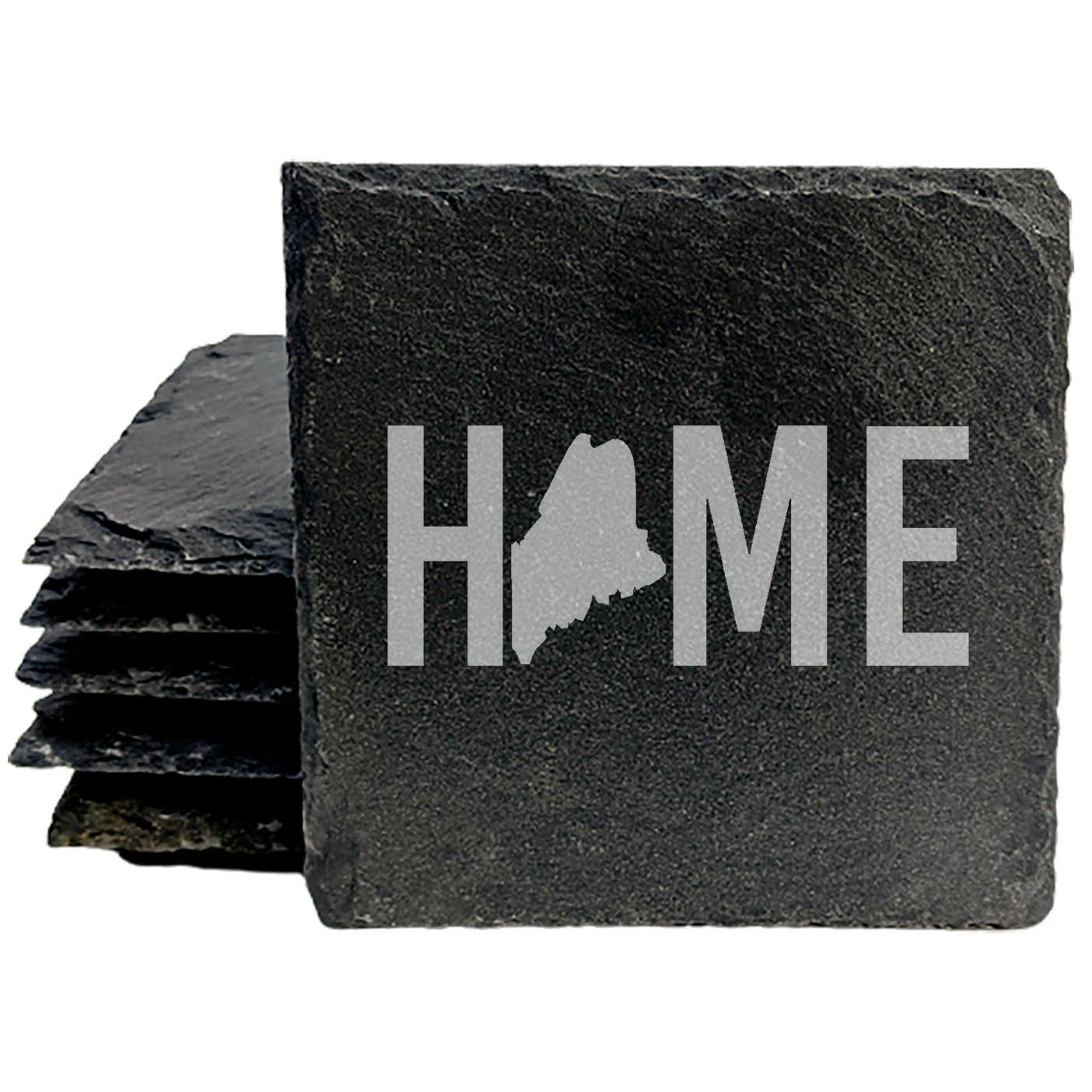 Rustic Slate Coasters Set of 4 - Laser Etched 'HOME' Design with Maine State - Perfect Gift for Holidays, Birthdays, Housewarming - Round 4" - Made in Oregon, USA - Natural Chipped Edge, Rubber Feet