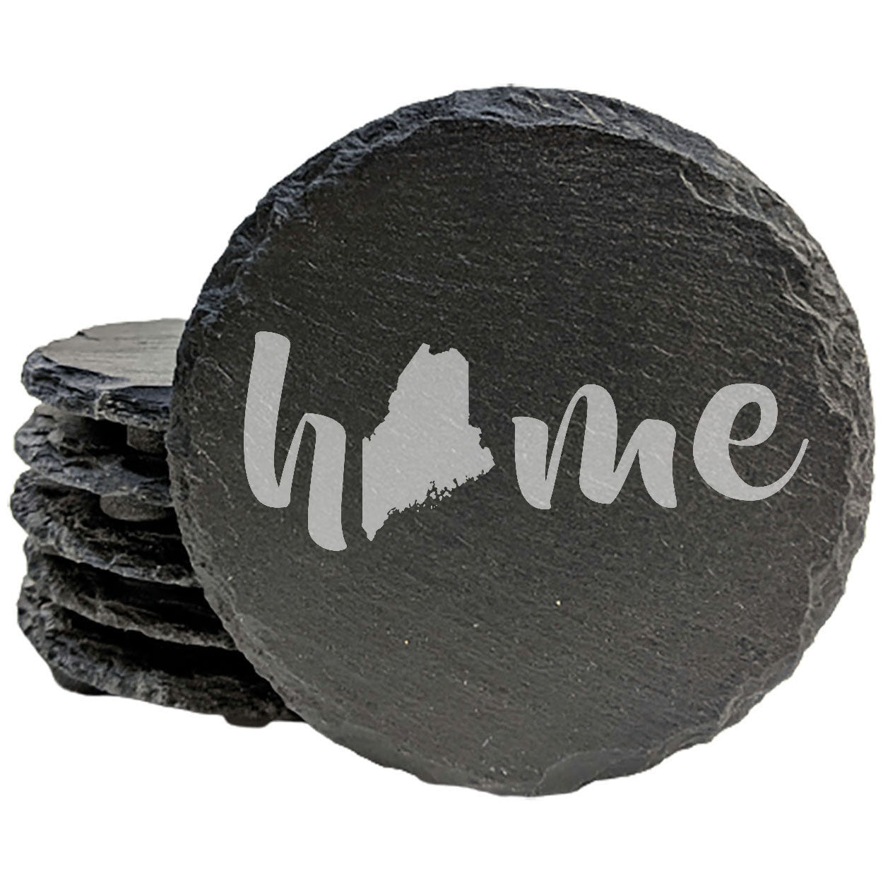 Rustic Slate Coasters Set of 4 - Laser Etched 'Home' Design with Maine State - Perfect Gift for Holidays, Birthdays, Housewarming - 4" Round/Square - Made in Oregon, USA - Natural Chipped Edge