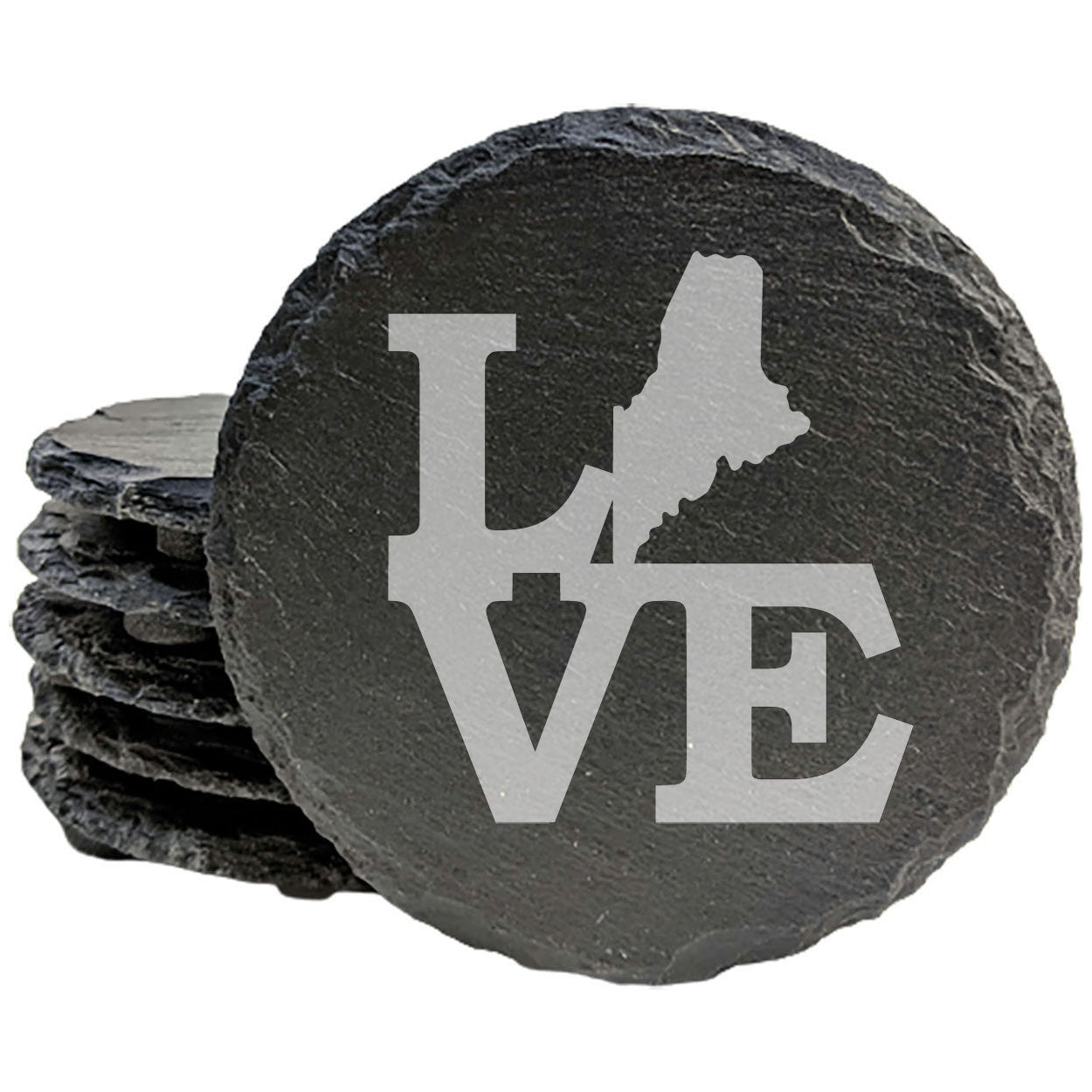 Rustic Slate Coasters Set of 4, Laser Etched 'LOVE' Design with Maine State, 4" Round, Natural Chipped Edge, Rubber Feet, , Perfect for Holidays, Birthdays, Housewarming, USA Made