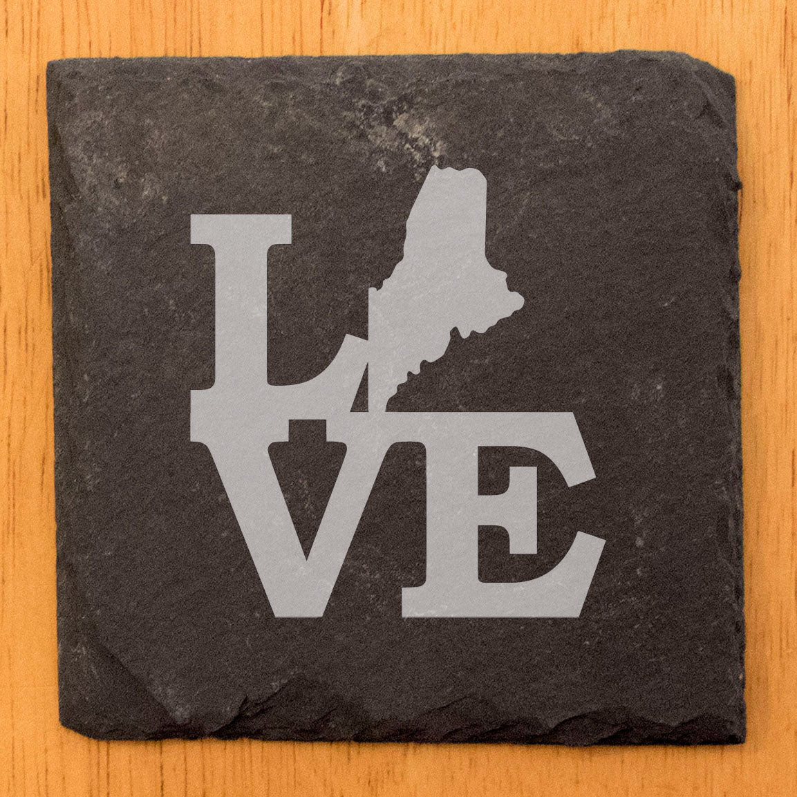 Rustic Slate Coasters Set of 4, Laser Etched 'LOVE' Design with Maine State, 4" Round, Natural Chipped Edge, Rubber Feet, , Perfect for Holidays, Birthdays, Housewarming, USA Made