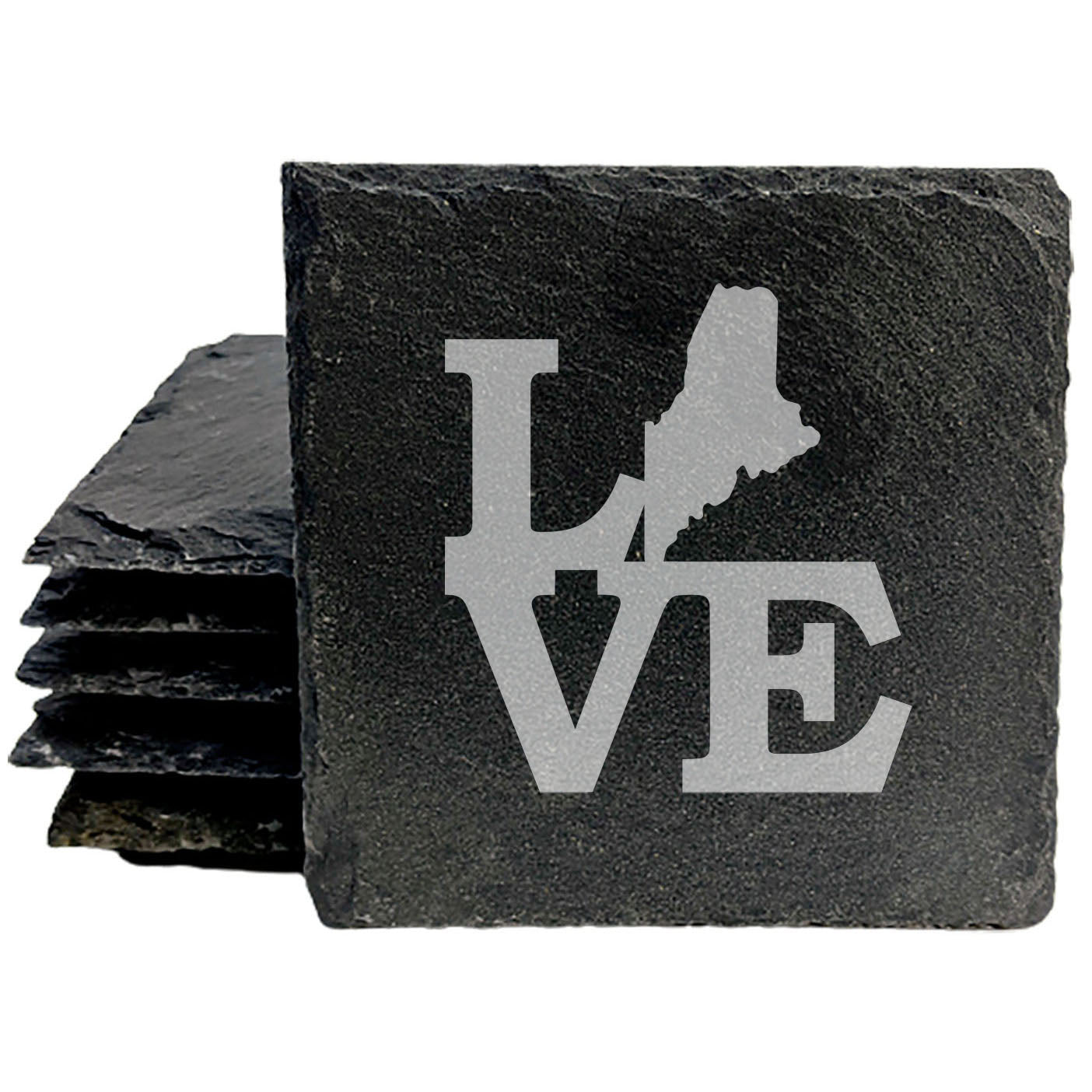 Rustic Slate Coasters Set of 4, Laser Etched 'LOVE' Design with Maine State, 4" Round, Natural Chipped Edge, Rubber Feet, , Perfect for Holidays, Birthdays, Housewarming, USA Made