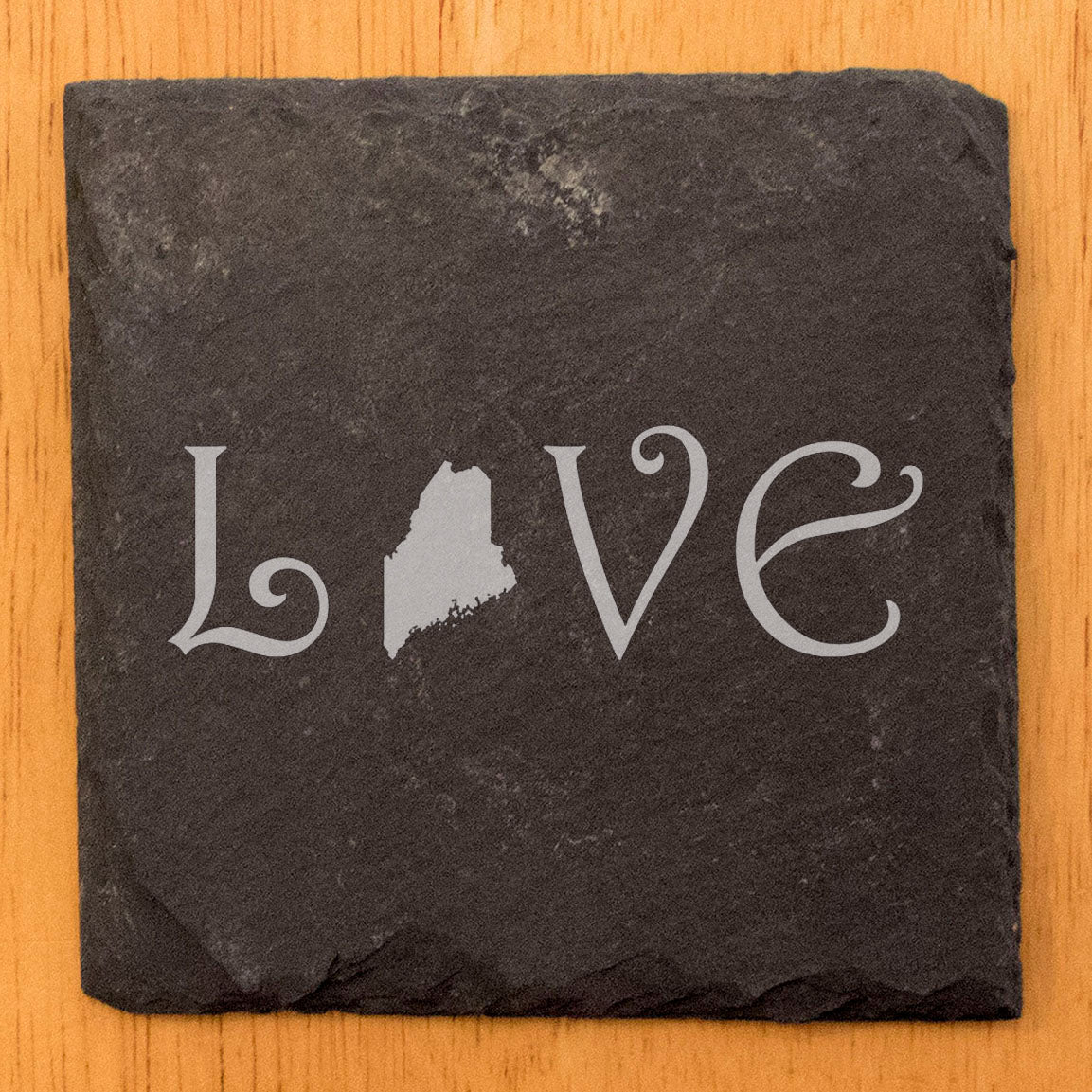 Rustic Slate Coasters Set of 4 - Laser Etched 'LOVE' Design with Maine State Shape - Perfect Gift for Holidays, Birthdays, Housewarming - 4" Square, Natural Chipped Edge, Made in Oregon, USA