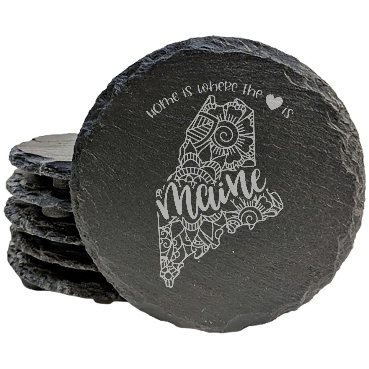 Rustic Slate Coasters Set of 4, Round 4" with Maine Mandala Design, 'Home is Where the Heart Is' Quote, Perfect Gift for Holidays, Birthdays, Housewarming, Made in Oregon, USA, Natural Edge