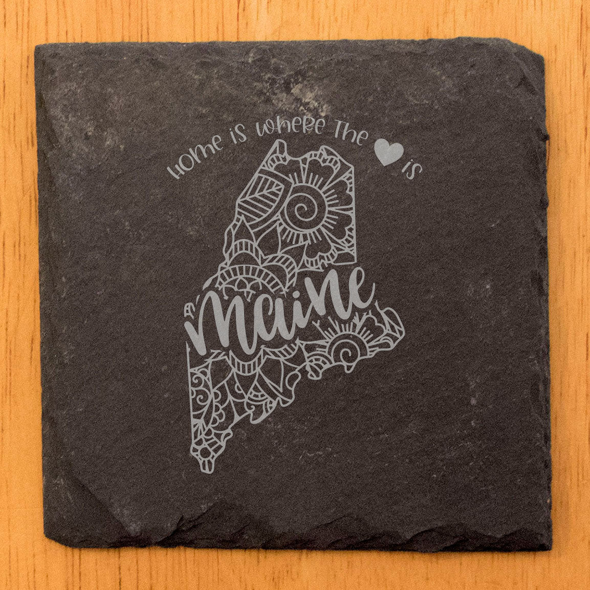 Rustic Slate Coasters Set of 4, Round 4" with Maine Mandala Design, 'Home is Where the Heart Is' Quote, Perfect Gift for Holidays, Birthdays, Housewarming, Made in Oregon, USA, Natural Edge