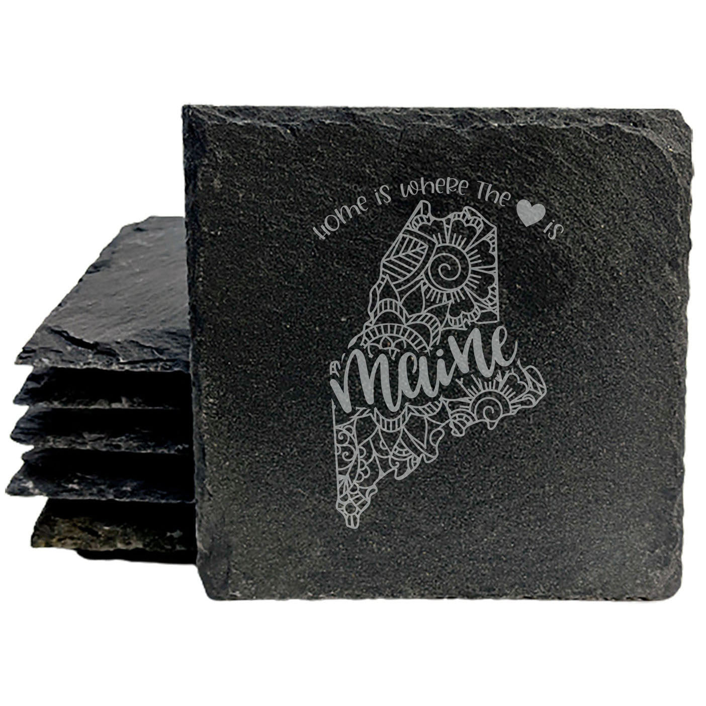 Rustic Slate Coasters Set of 4, Round 4" with Maine Mandala Design, 'Home is Where the Heart Is' Quote, Perfect Gift for Holidays, Birthdays, Housewarming, Made in Oregon, USA, Natural Edge