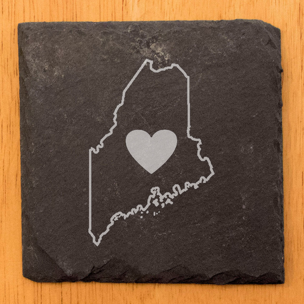 Rustic Slate Coasters Set of 4 - Maine Heart Design, 4" Round, Natural Chipped Edge, Rubber Feet, - Perfect for Holidays, Birthdays, Housewarming - Made in Oregon, USA