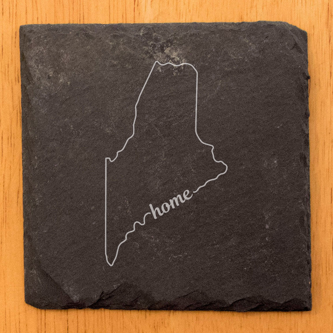 Rustic Slate Coasters Set of 4, Round 4" with Maine 'Home' Design, Laser Etched, Perfect for Holidays, Birthdays, Housewarming Gifts, Made in Oregon, USA, Natural Chipped Edge, Rubber Feet
