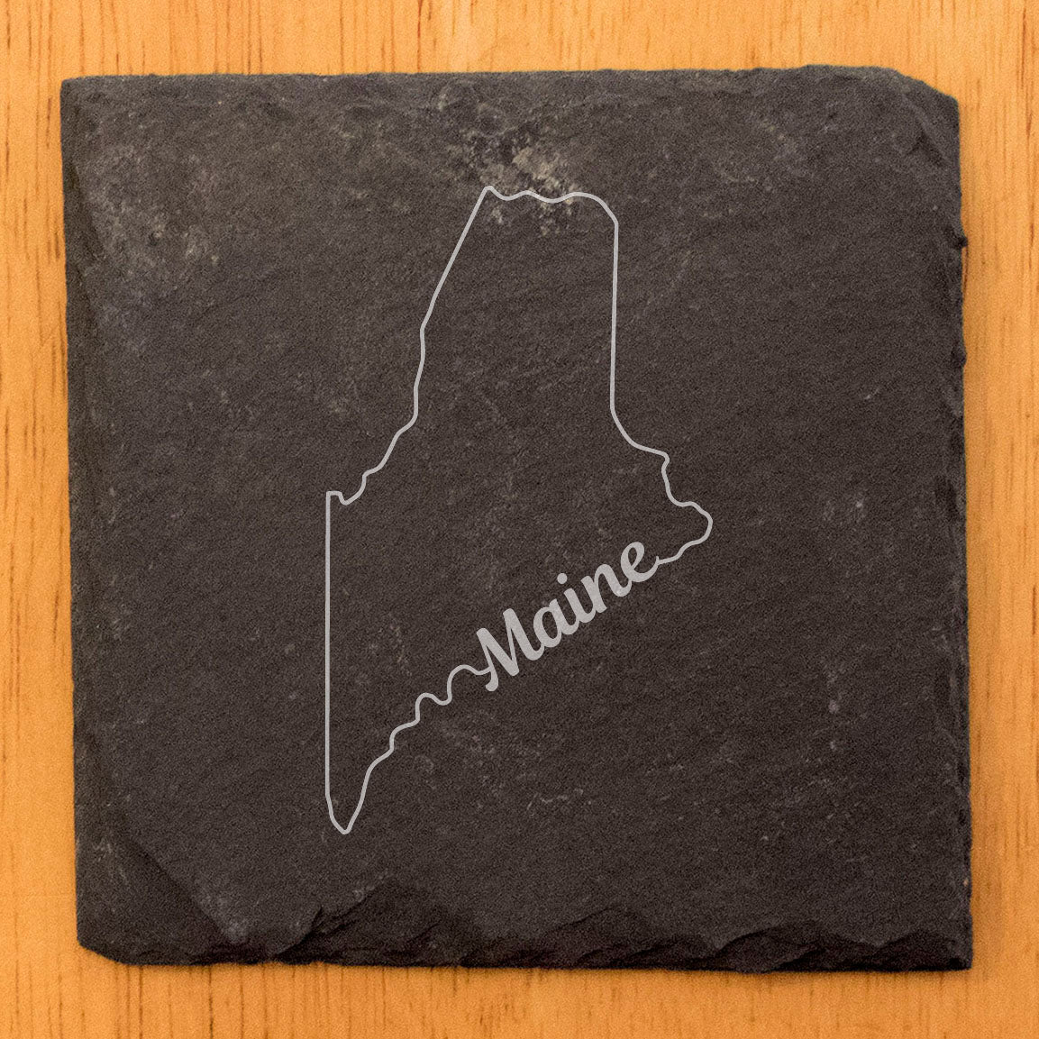 Rustic Slate Coasters Set of 4, Round 4" with Maine State Outline Design, Perfect for Holidays, Birthdays, Housewarming Gifts, She-Shed or Man Cave, Made in Oregon, USA, Natural Chipped Edge