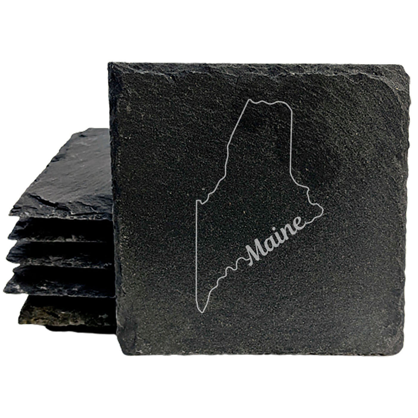 Rustic Slate Coasters Set of 4, Round 4" with Maine State Outline Design, Perfect for Holidays, Birthdays, Housewarming Gifts, She-Shed or Man Cave, Made in Oregon, USA, Natural Chipped Edge