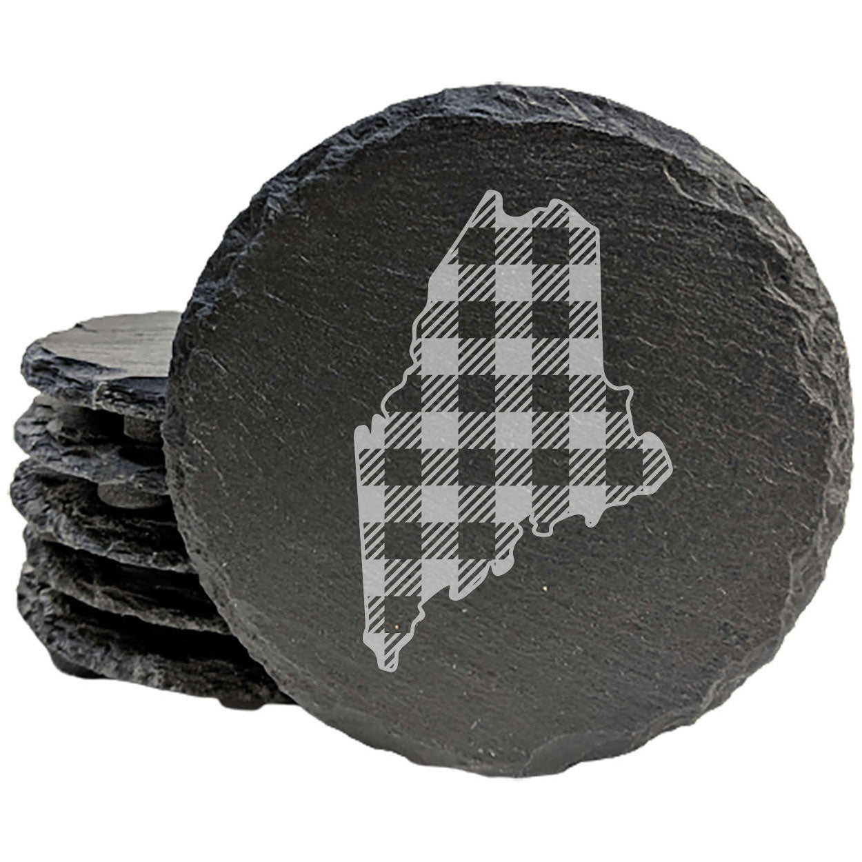 Rustic Slate Coasters Set of 4, Round 4" with Maine Plaid Design, Laser Etched, Perfect for Holidays, Birthdays, Housewarming Gifts, She-Shed or Man Cave, Made in Oregon, USA, Natural Chipped Edge