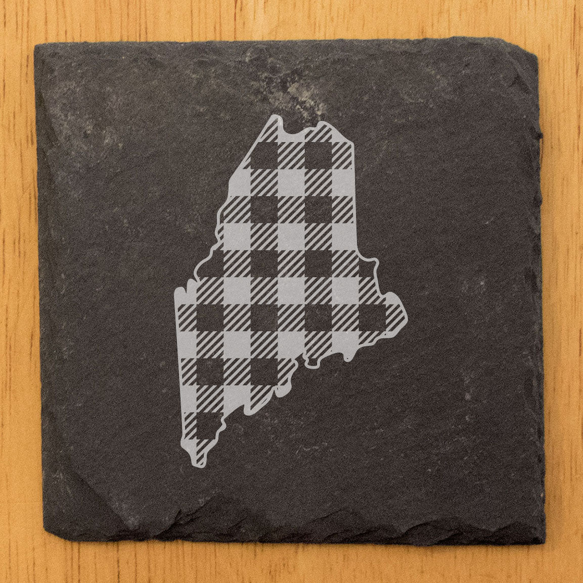 Rustic Slate Coasters Set of 4, Round 4" with Maine Plaid Design, Laser Etched, Perfect for Holidays, Birthdays, Housewarming Gifts, She-Shed or Man Cave, Made in Oregon, USA, Natural Chipped Edge