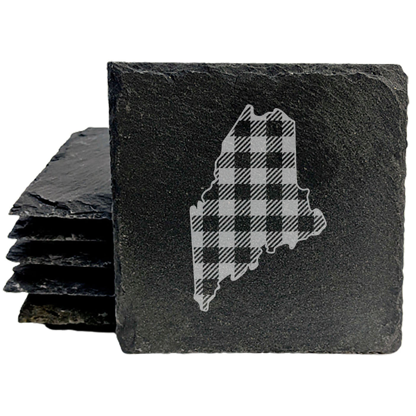 Rustic Slate Coasters Set of 4, Round 4" with Maine Plaid Design, Laser Etched, Perfect for Holidays, Birthdays, Housewarming Gifts, She-Shed or Man Cave, Made in Oregon, USA, Natural Chipped Edge