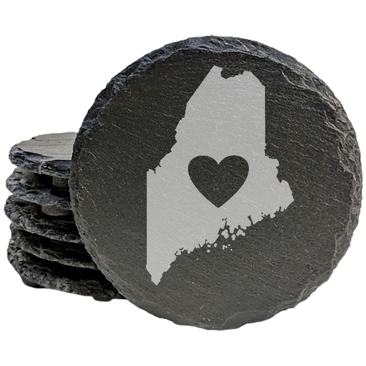 Rustic Slate Coasters Set of 4, Round 4" with Maine Heart Design, Laser Etched, Perfect for Holidays, Birthdays, Housewarming Gifts, She-Shed or Man Cave, Made in Oregon, USA, Natural Edge