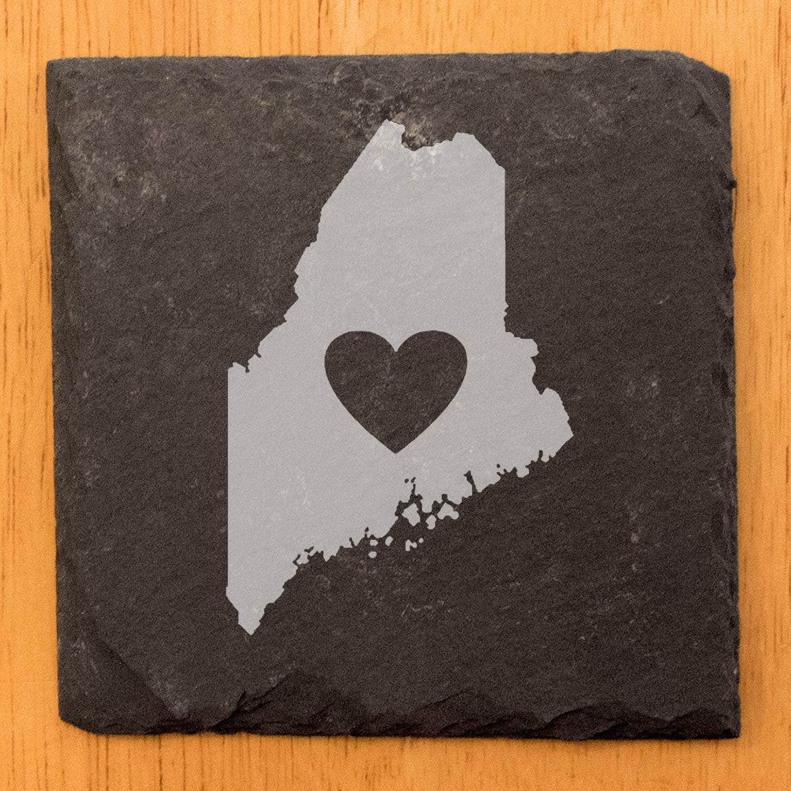 Rustic Slate Coasters Set of 4, Round 4" with Maine Heart Design, Laser Etched, Perfect for Holidays, Birthdays, Housewarming Gifts, She-Shed or Man Cave, Made in Oregon, USA, Natural Edge