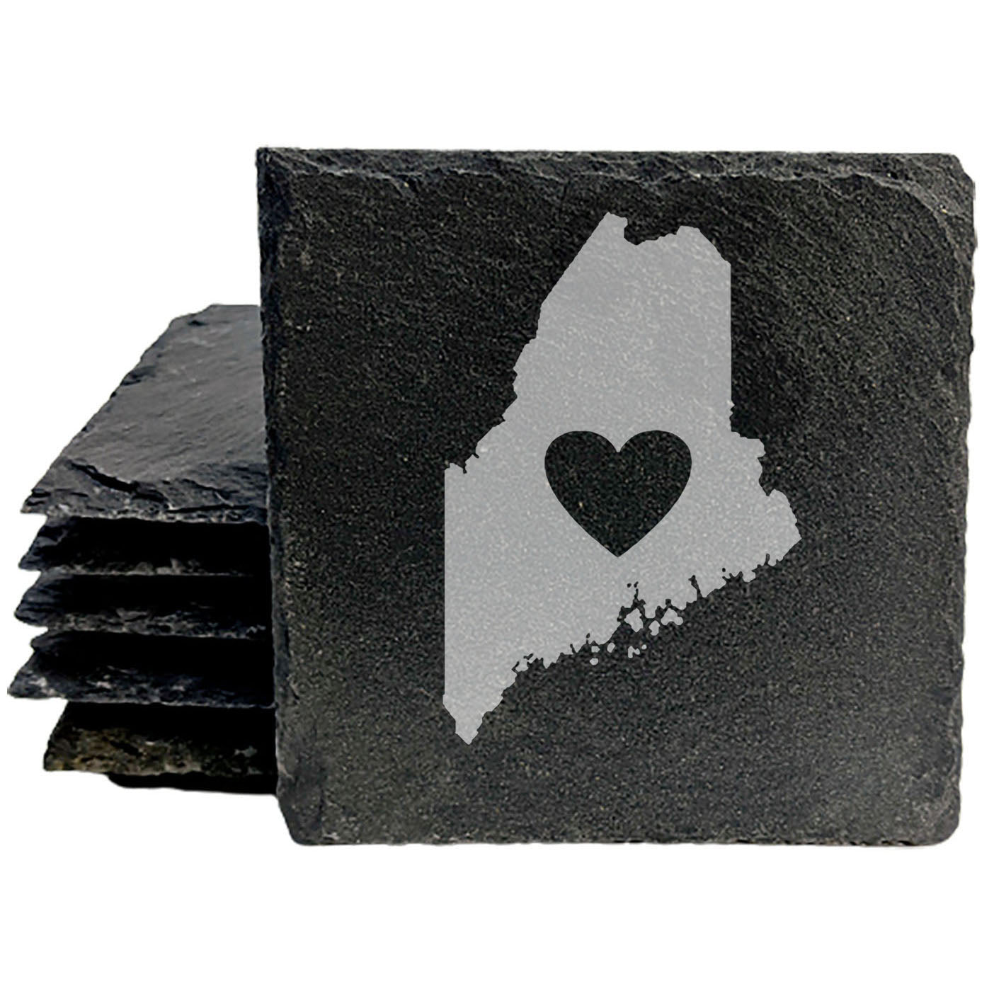 Rustic Slate Coasters Set of 4, Round 4" with Maine Heart Design, Laser Etched, Perfect for Holidays, Birthdays, Housewarming Gifts, She-Shed or Man Cave, Made in Oregon, USA, Natural Edge