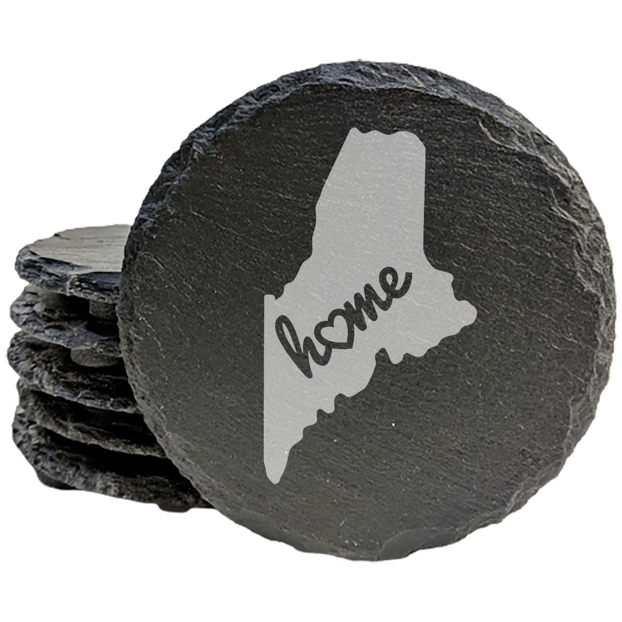 Rustic Slate Coasters Set of 4 - Maine 'Home' Design with Heart - Round 4" - Perfect for Holidays, Birthdays, Housewarming - Made in Oregon, USA - - Natural Chipped Edge, Rubber Feet