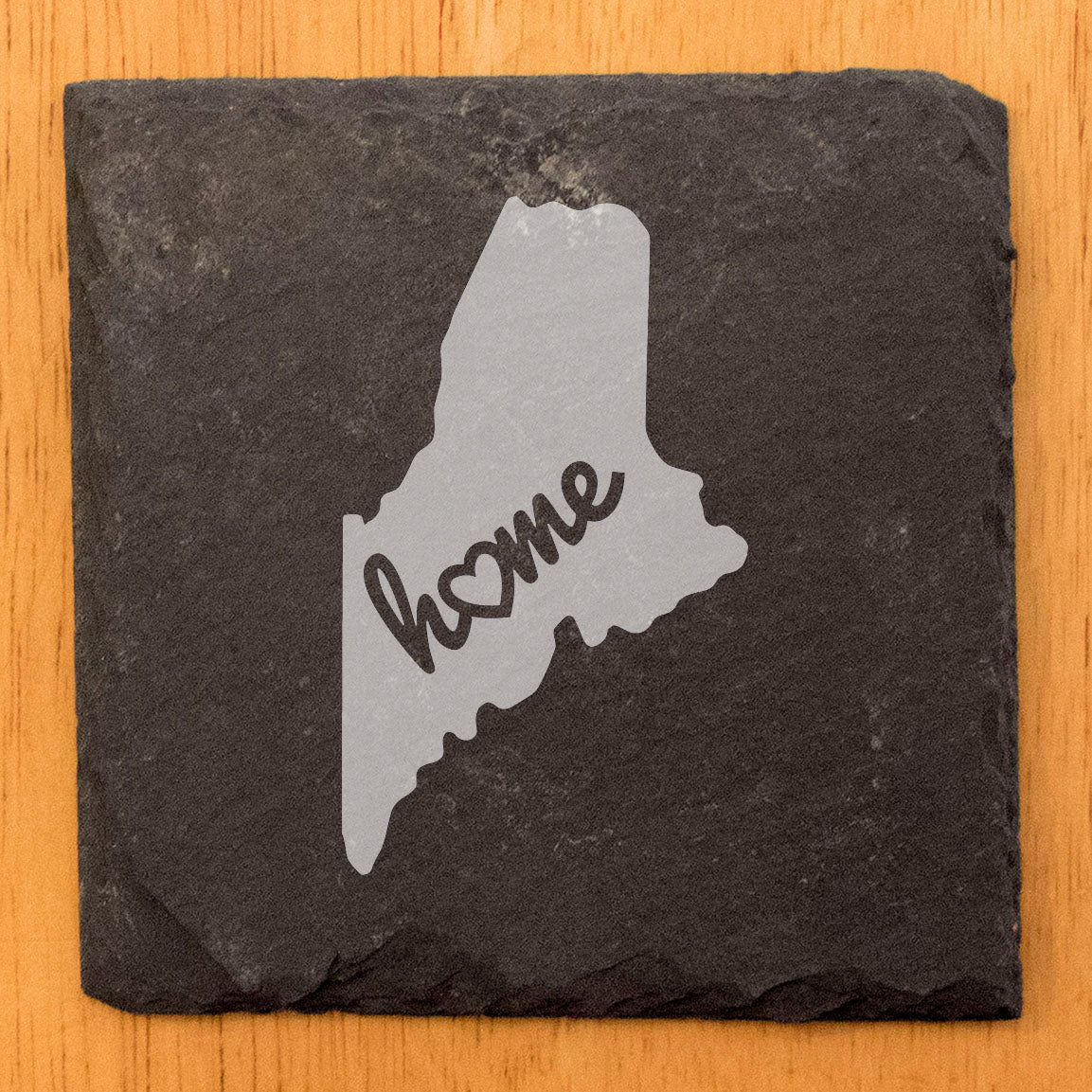 Rustic Slate Coasters Set of 4 - Maine 'Home' Design with Heart - Round 4" - Perfect for Holidays, Birthdays, Housewarming - Made in Oregon, USA - - Natural Chipped Edge, Rubber Feet