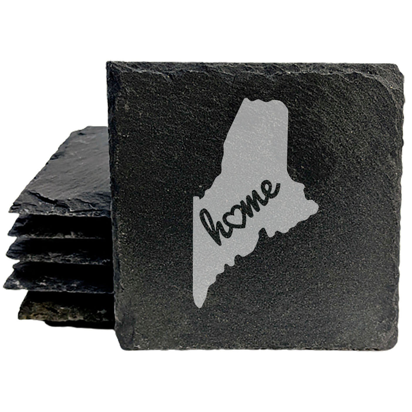 Rustic Slate Coasters Set of 4 - Maine 'Home' Design with Heart - Round 4" - Perfect for Holidays, Birthdays, Housewarming - Made in Oregon, USA - - Natural Chipped Edge, Rubber Feet