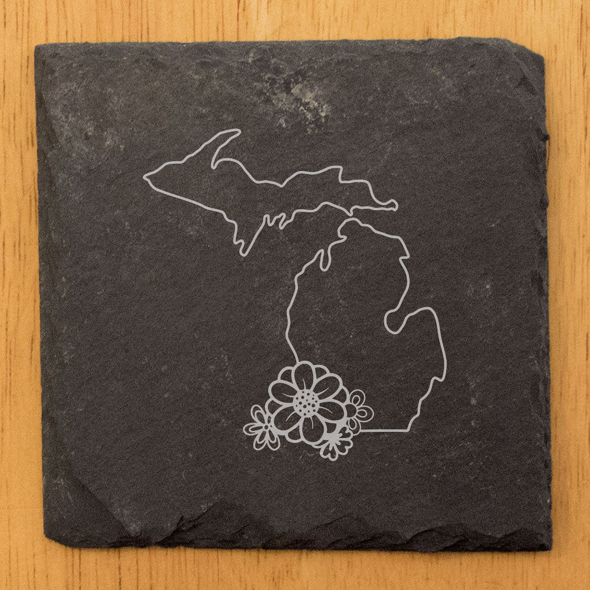 Rustic Slate Coasters Set of 4 - Michigan State Outline Design w/ Flower - 4" Round/Square - Natural Chipped Edge, Rubber Feet - Perfect Gift for Holidays, Birthdays, Housewarming - Made in USA