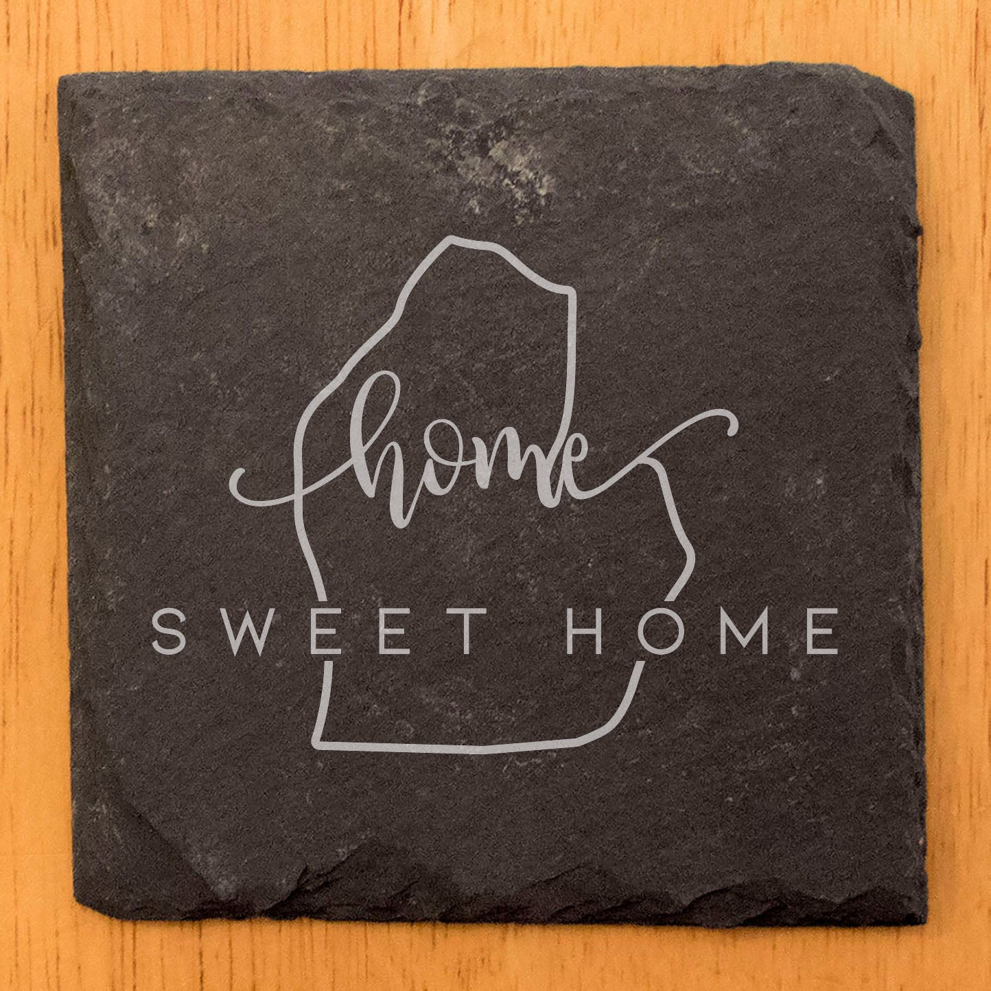 Rustic Slate Coasters Set of 4 - Laser Etched Michigan 'Home Sweet Home' Design - Perfect Gift for Holidays, Birthdays, Housewarming - 4" Round with Natural Edge - Made in Oregon, USA