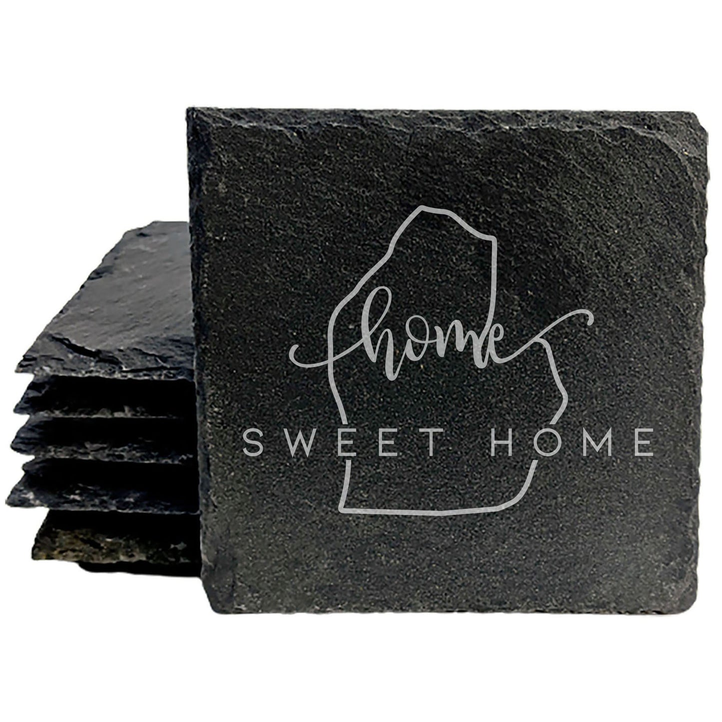 Rustic Slate Coasters Set of 4 - Laser Etched Michigan 'Home Sweet Home' Design - Perfect Gift for Holidays, Birthdays, Housewarming - 4" Round with Natural Edge - Made in Oregon, USA