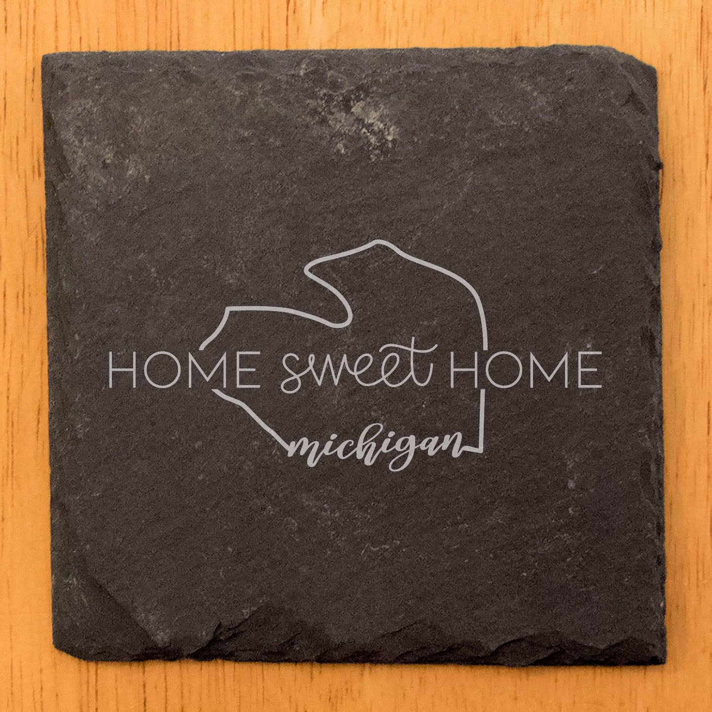 Rustic Slate Coasters Set of 4, Round 4" with 'Home Sweet Home' Michigan Design, Perfect Gift for Holidays, Birthdays, Housewarming, She-Shed, Man Cave, Made in Oregon, USA, Natural Chipped Edge