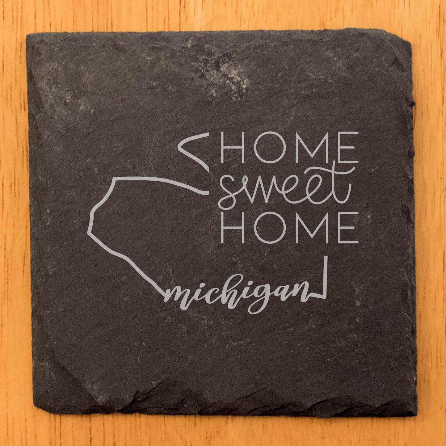 Rustic Slate Coasters Set of 4, Round 4" with Michigan 'Home Sweet Home' Design, Laser Etched, Perfect for Holidays, Birthdays, Housewarming Gifts, Made in Oregon, USA, Natural Chipped Edge