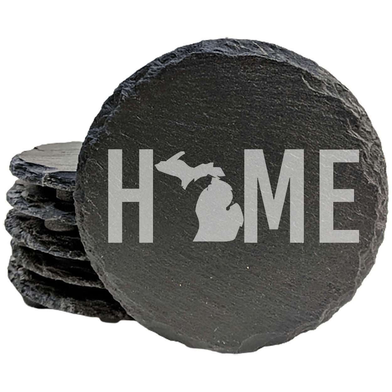 Rustic Slate Coasters Set of 4 - Laser Etched 'HOME' Design with Michigan State - Perfect Gift for Holidays, Birthdays, Housewarming - 4" Round, Natural Chipped Edge, Made in Oregon, USA