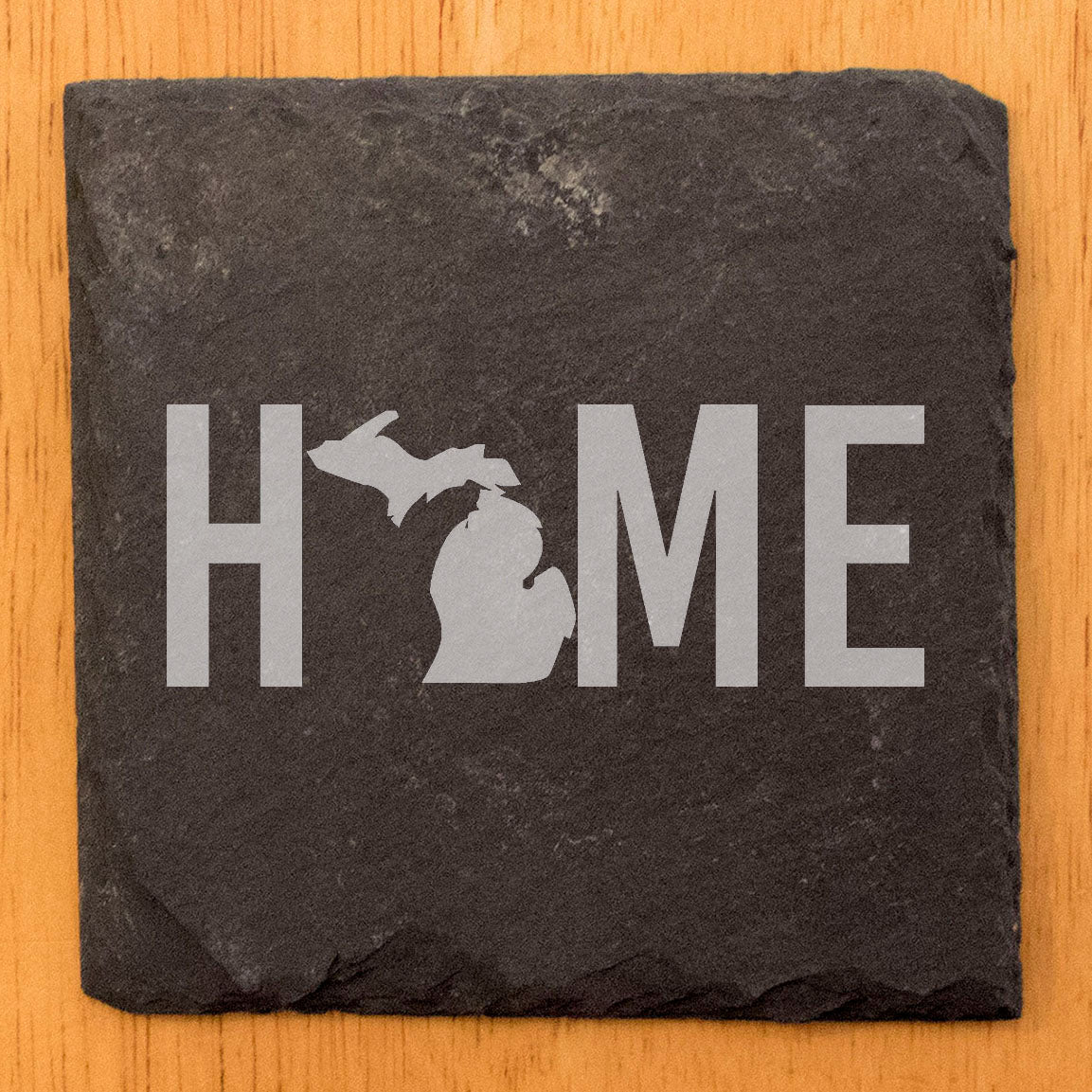 Rustic Slate Coasters Set of 4 - Laser Etched 'HOME' Design with Michigan State - Perfect Gift for Holidays, Birthdays, Housewarming - 4" Round, Natural Chipped Edge, Made in Oregon, USA