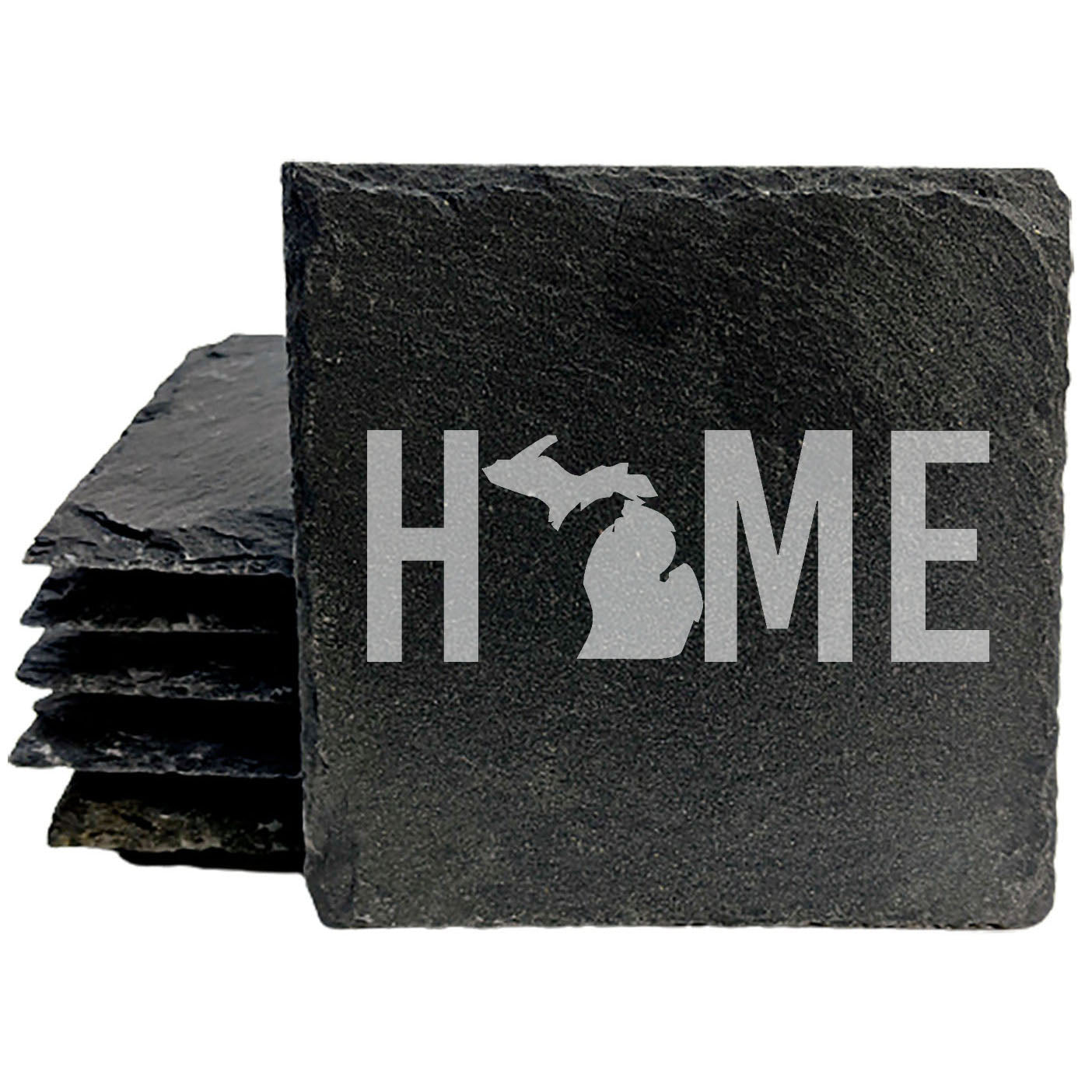 Rustic Slate Coasters Set of 4 - Laser Etched 'HOME' Design with Michigan State - Perfect Gift for Holidays, Birthdays, Housewarming - 4" Round, Natural Chipped Edge, Made in Oregon, USA