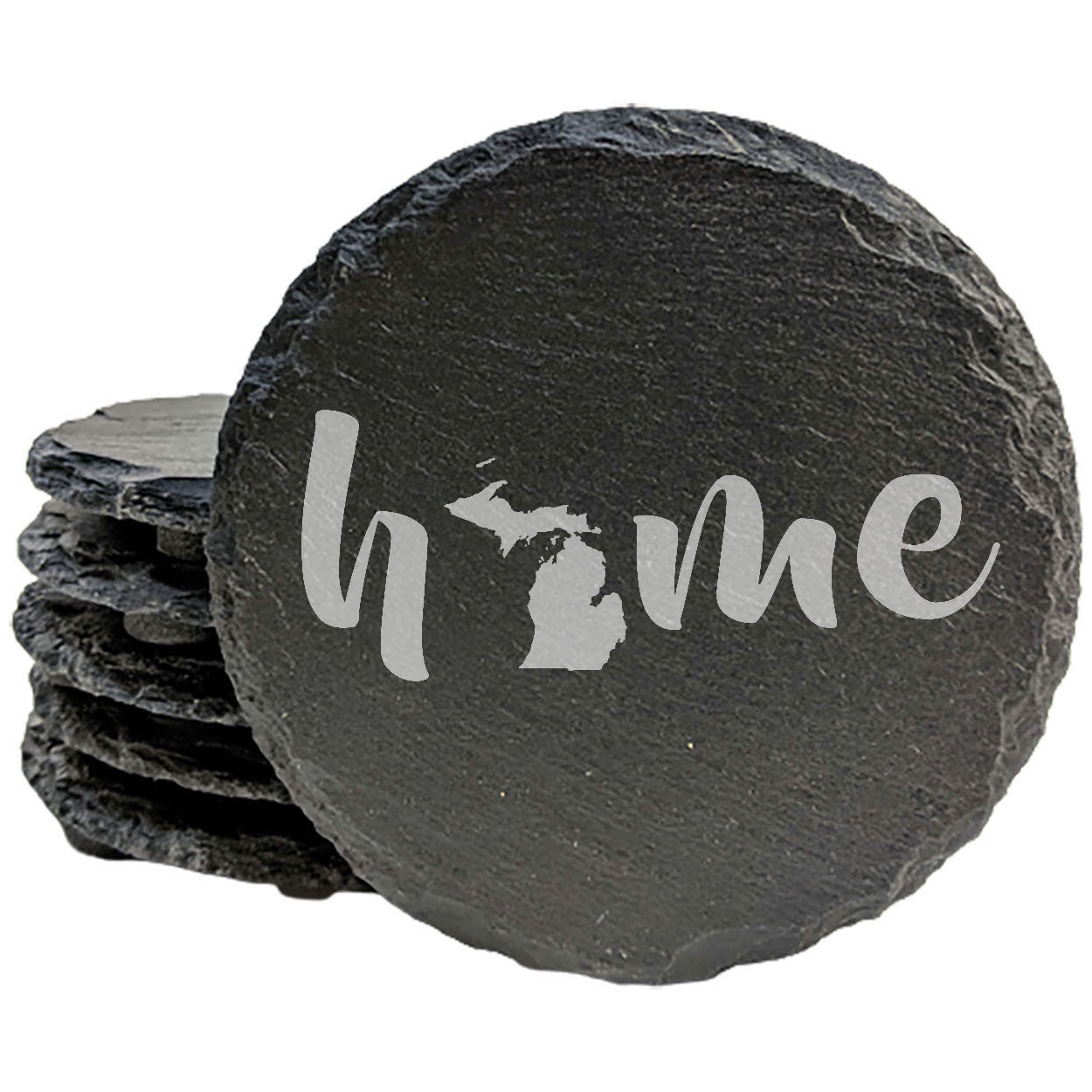 Rustic Slate Coasters Set of 4 - Laser Etched 'Home' Design with Michigan State - Perfect Gift for Holidays, Birthdays, Housewarming - 4" Round/Square - Made in Oregon, USA - Natural Chipped Edge