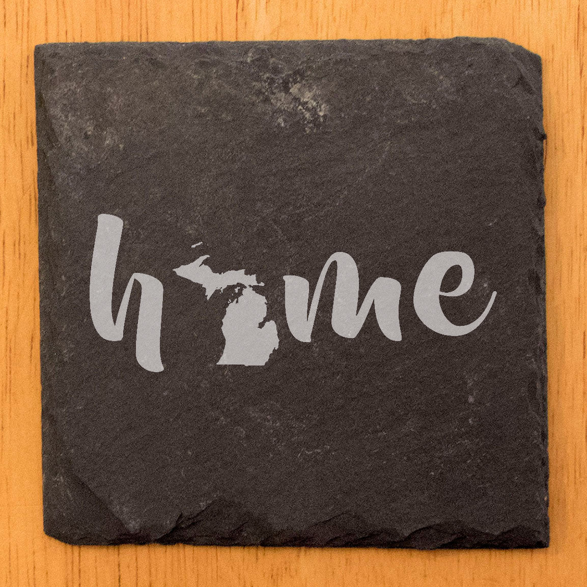 Rustic Slate Coasters Set of 4 - Laser Etched 'Home' Design with Michigan State - Perfect Gift for Holidays, Birthdays, Housewarming - 4" Round/Square - Made in Oregon, USA - Natural Chipped Edge