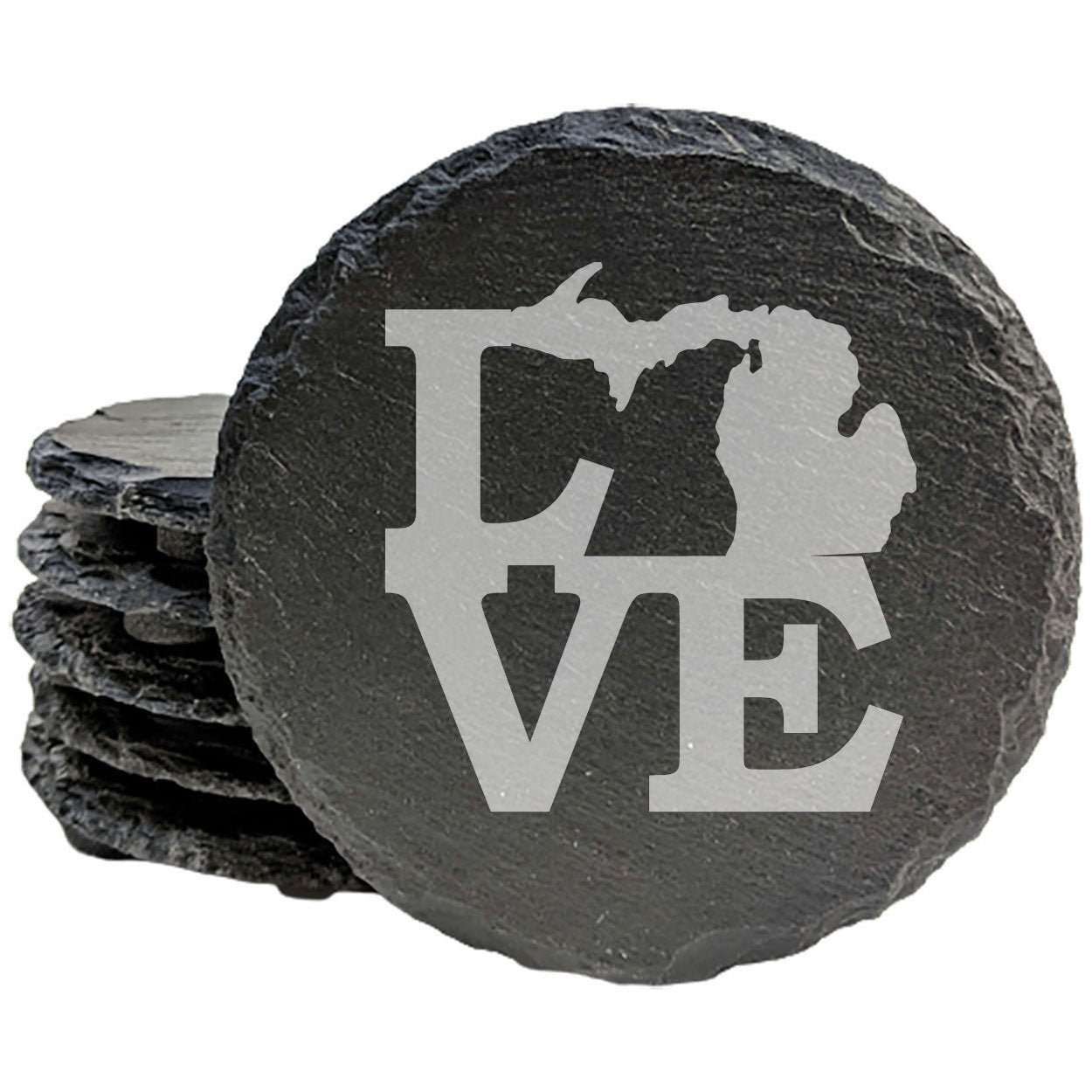 Rustic Slate Coasters Set of 4 - Laser Etched 'LOVE' Michigan Design - Perfect Gift for Holidays, Birthdays, Housewarming - 4" Round, Natural Chipped Edge, Rubber Feet - Made in Oregon, USA