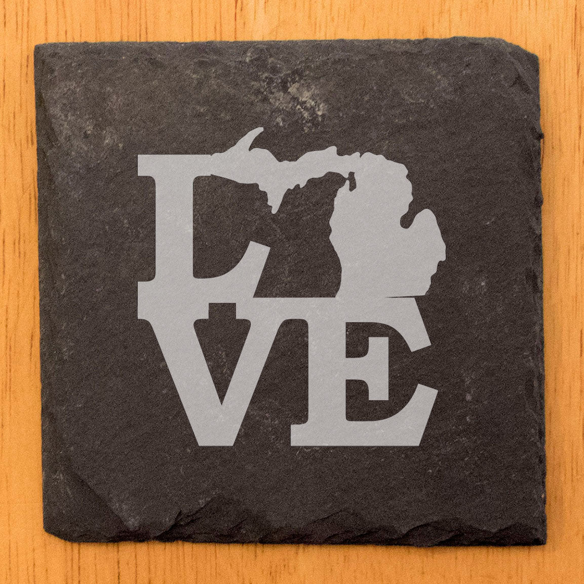 Rustic Slate Coasters Set of 4 - Laser Etched 'LOVE' Michigan Design - Perfect Gift for Holidays, Birthdays, Housewarming - 4" Round, Natural Chipped Edge, Rubber Feet - Made in Oregon, USA