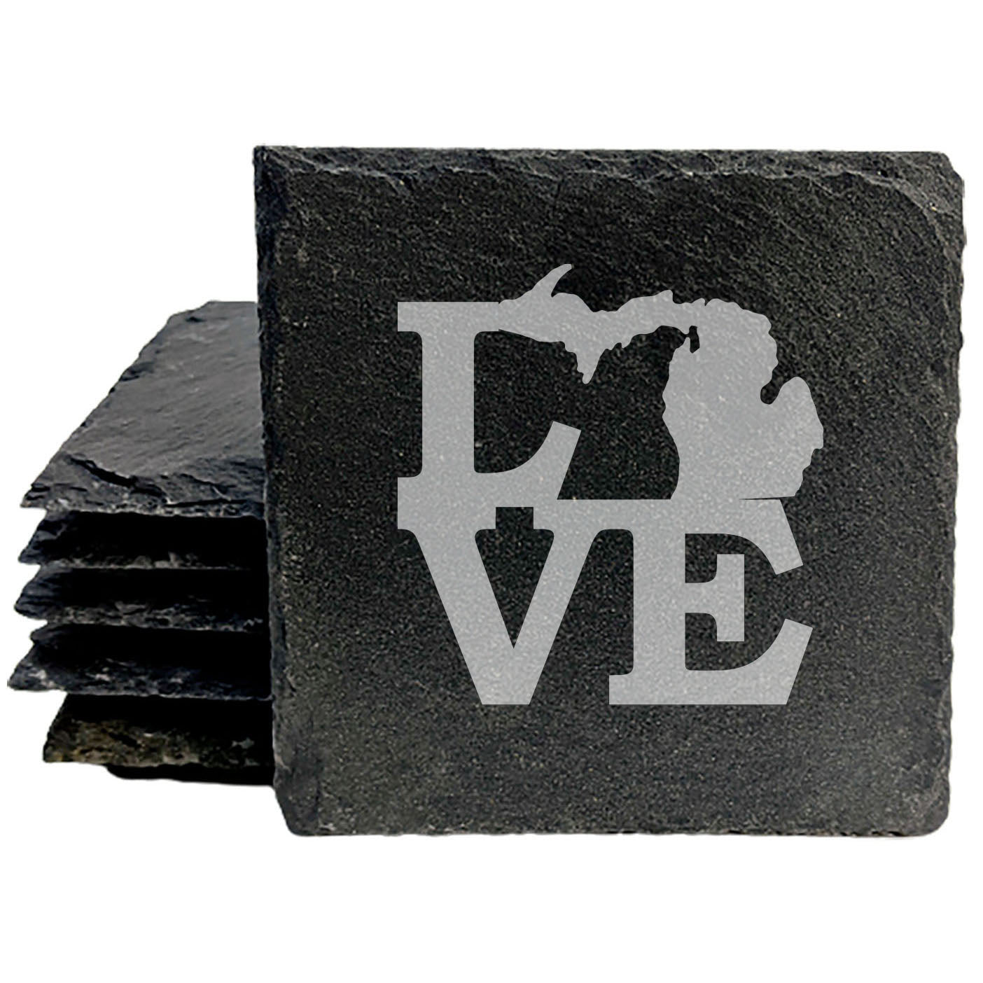 Rustic Slate Coasters Set of 4 - Laser Etched 'LOVE' Michigan Design - Perfect Gift for Holidays, Birthdays, Housewarming - 4" Round, Natural Chipped Edge, Rubber Feet - Made in Oregon, USA