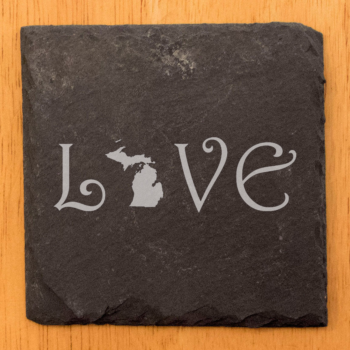 Rustic Slate Coasters Set of 4, Square 4" with 'LOVE' Michigan Design, Perfect for Holidays, Birthdays, Housewarming Gifts, She-Shed or Man Cave, Made in Oregon, USA, Natural Chipped Edge