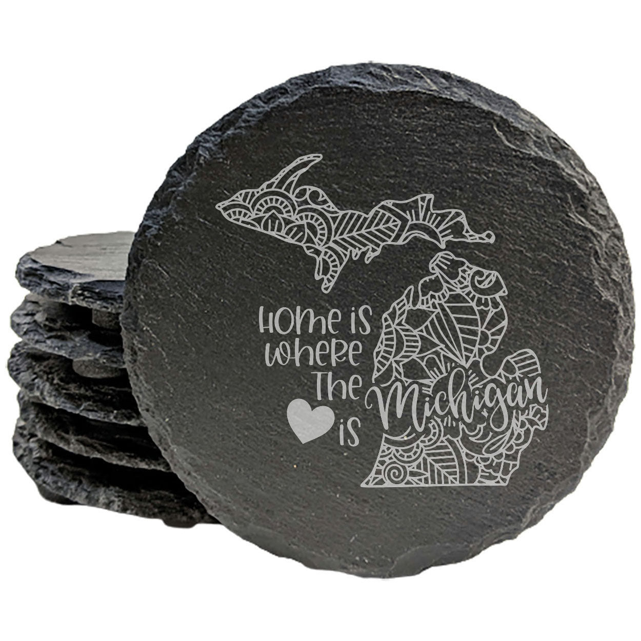 Rustic Slate Coasters Set of 4, Round 4" with Michigan Mandala Design, 'Home is where the heart is' Quote, Perfect Gift for Holidays, Birthdays, Housewarming, Made in Oregon, USA, Small Business