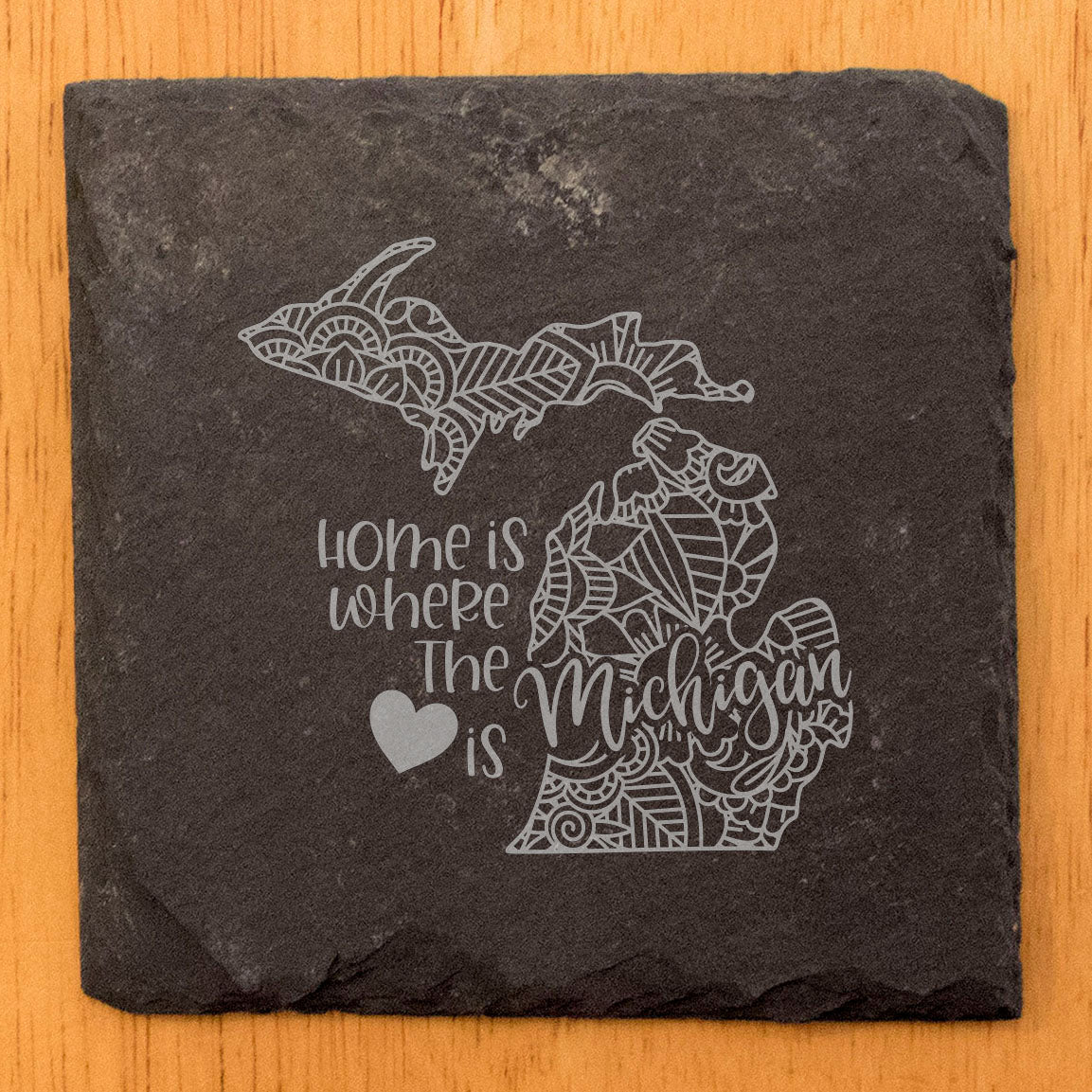 Rustic Slate Coasters Set of 4, Round 4" with Michigan Mandala Design, 'Home is where the heart is' Quote, Perfect Gift for Holidays, Birthdays, Housewarming, Made in Oregon, USA, Small Business