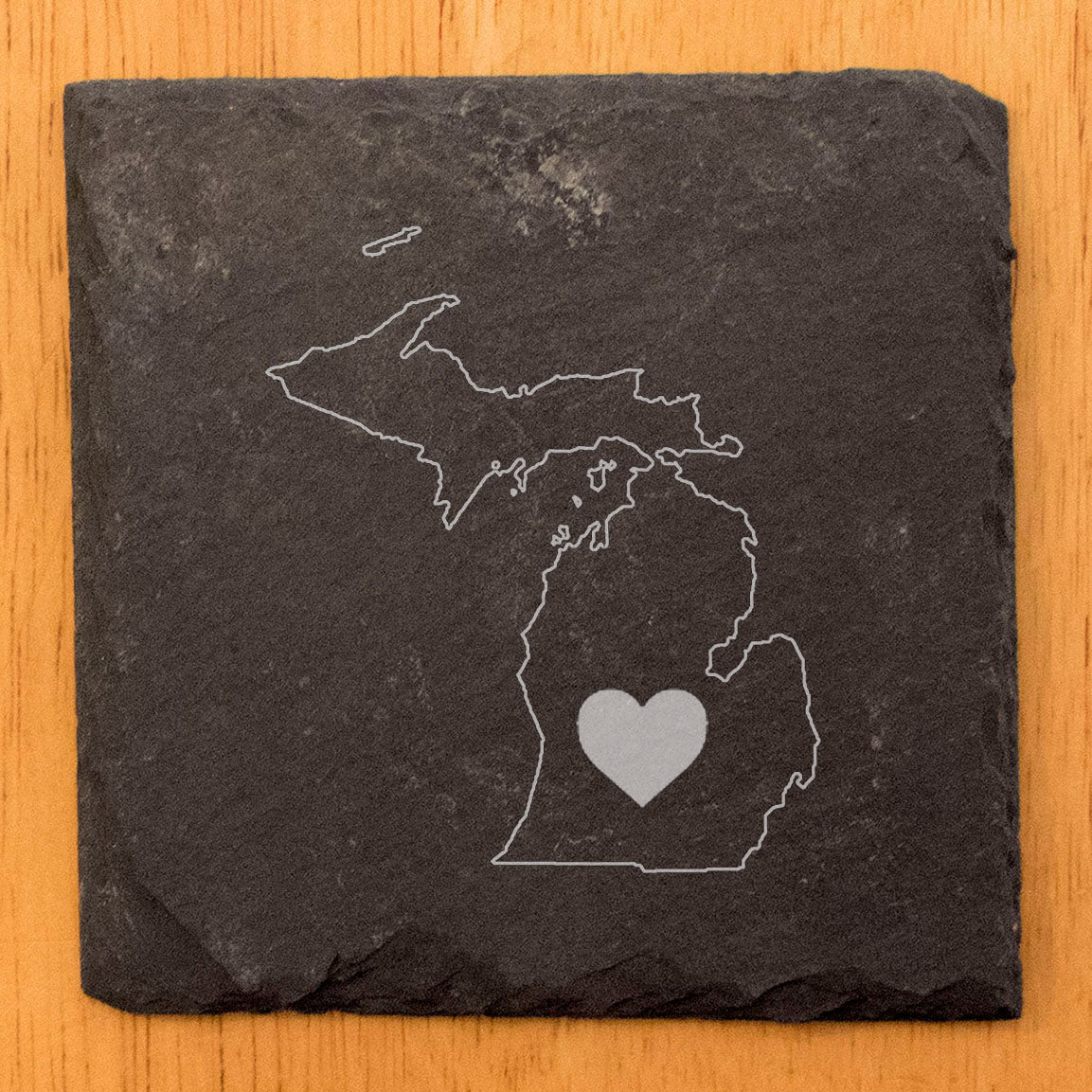 Rustic Slate Coasters Set of 4 - Michigan Heart Design, 4" Round, Natural Chipped Edge, Rubber Feet, - Perfect for Holidays, Birthdays, Housewarming - Made in Oregon, USA