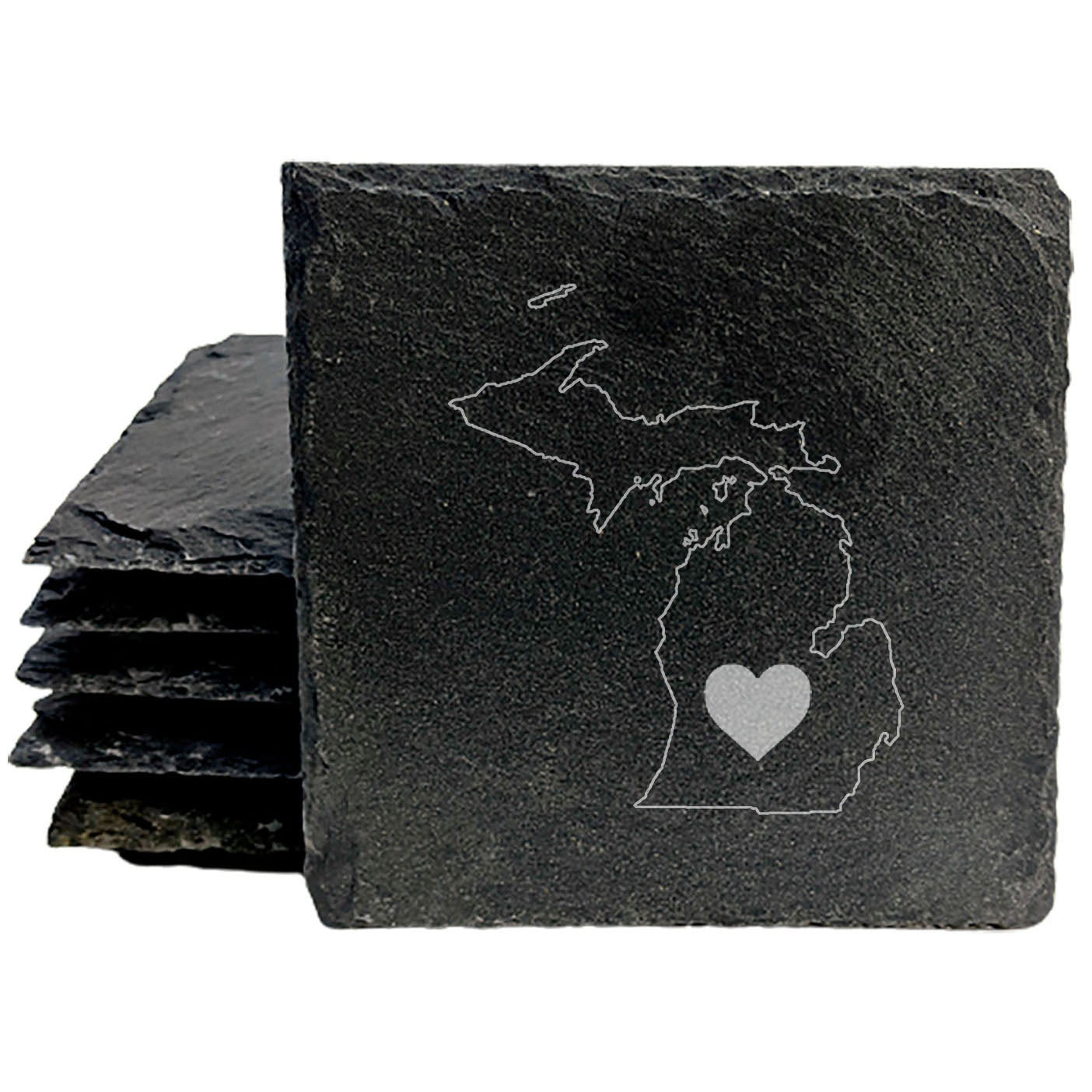 Rustic Slate Coasters Set of 4 - Michigan Heart Design, 4" Round, Natural Chipped Edge, Rubber Feet, - Perfect for Holidays, Birthdays, Housewarming - Made in Oregon, USA