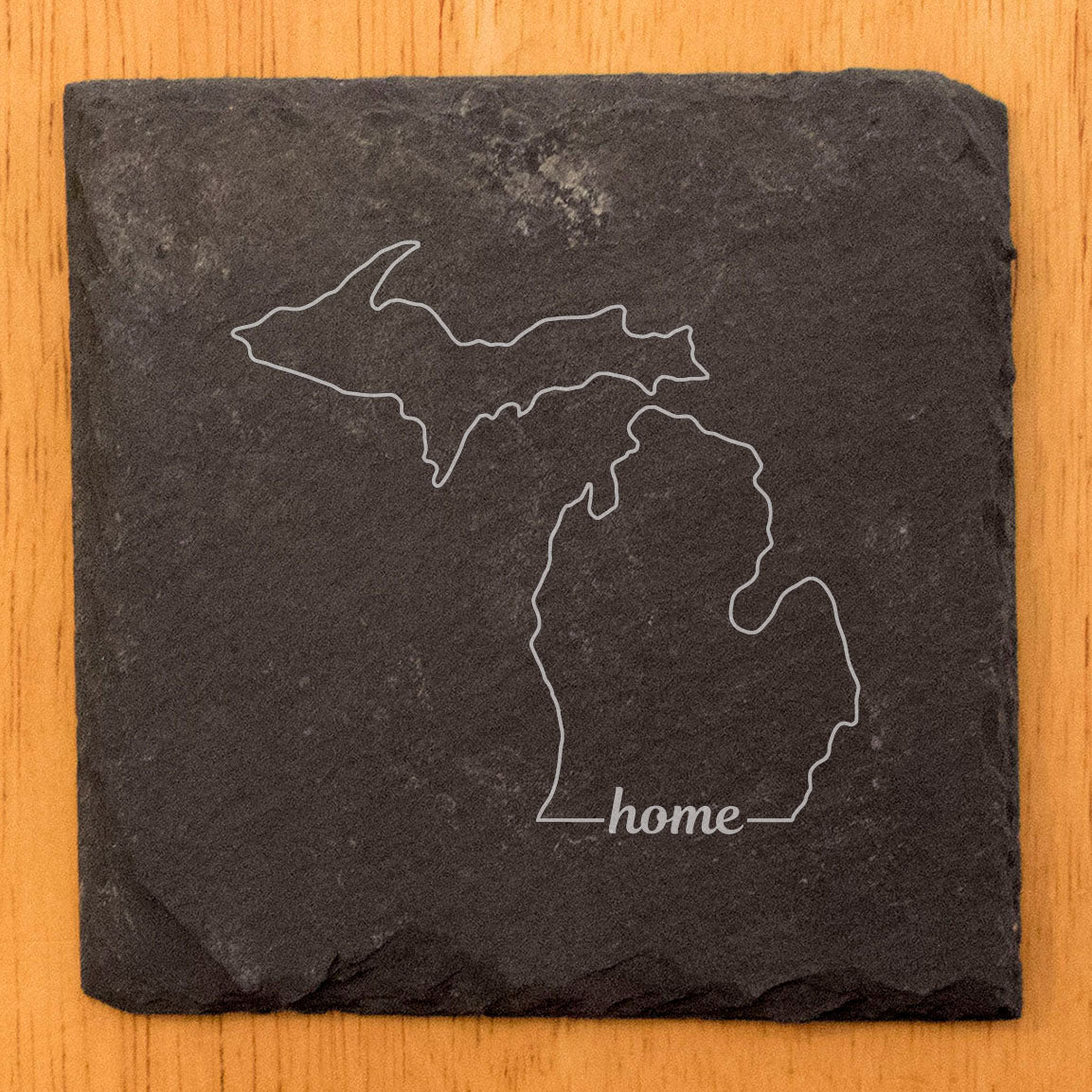 Rustic Slate Coasters Set of 4 - Michigan 'Home' Design, 4" Round, Natural Chipped Edge, Rubber Feet, - Perfect for Holidays, Birthdays, Housewarming - Made in Oregon, USA