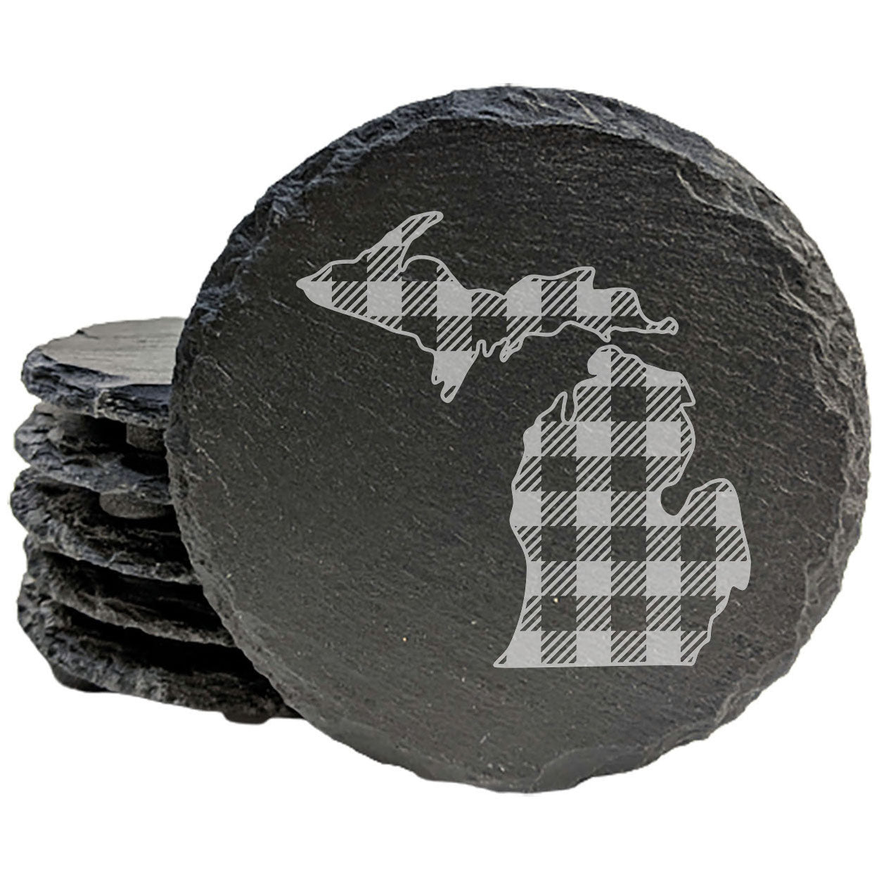 Rustic Slate Coasters Set of 4, Round 4" with Michigan Plaid Design, Laser Etched, Perfect for Holidays, Birthdays, Housewarming Gifts, She-Shed or Man Cave, Made in Oregon, USA, Natural Edge