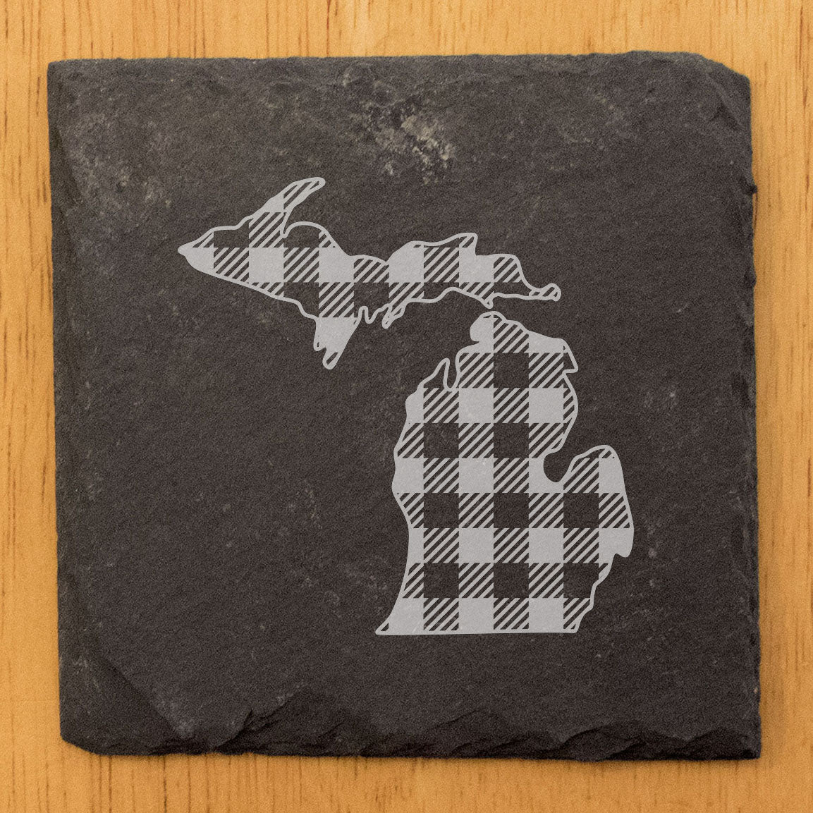 Rustic Slate Coasters Set of 4, Round 4" with Michigan Plaid Design, Laser Etched, Perfect for Holidays, Birthdays, Housewarming Gifts, She-Shed or Man Cave, Made in Oregon, USA, Natural Edge